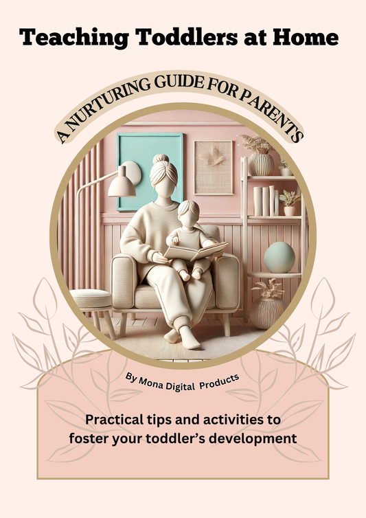 Teaching Toddlers at Home eBook cover - A nurturing guide for parents featuring a minimalist illustration of a mother reading to her toddler in a cosy home setting. Early childhood education, toddler learning activities, play-based development, and Montessori-inspired parenting strategies.