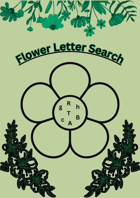 A green floral-themed cover with a large outlined flower in the center. Inside the flower, various uppercase and lowercase letters are displayed. The title "Flower Letter Search" is placed at the top in bold, black text with a decorative arch. Floral embellishments decorate the top and bottom.