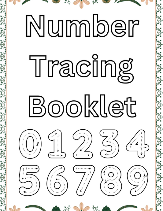 Number Tracing Booklet cover with bold outlined text and floral border, featuring large traceable numbers from 0 to 9 with directional arrows for early learning.