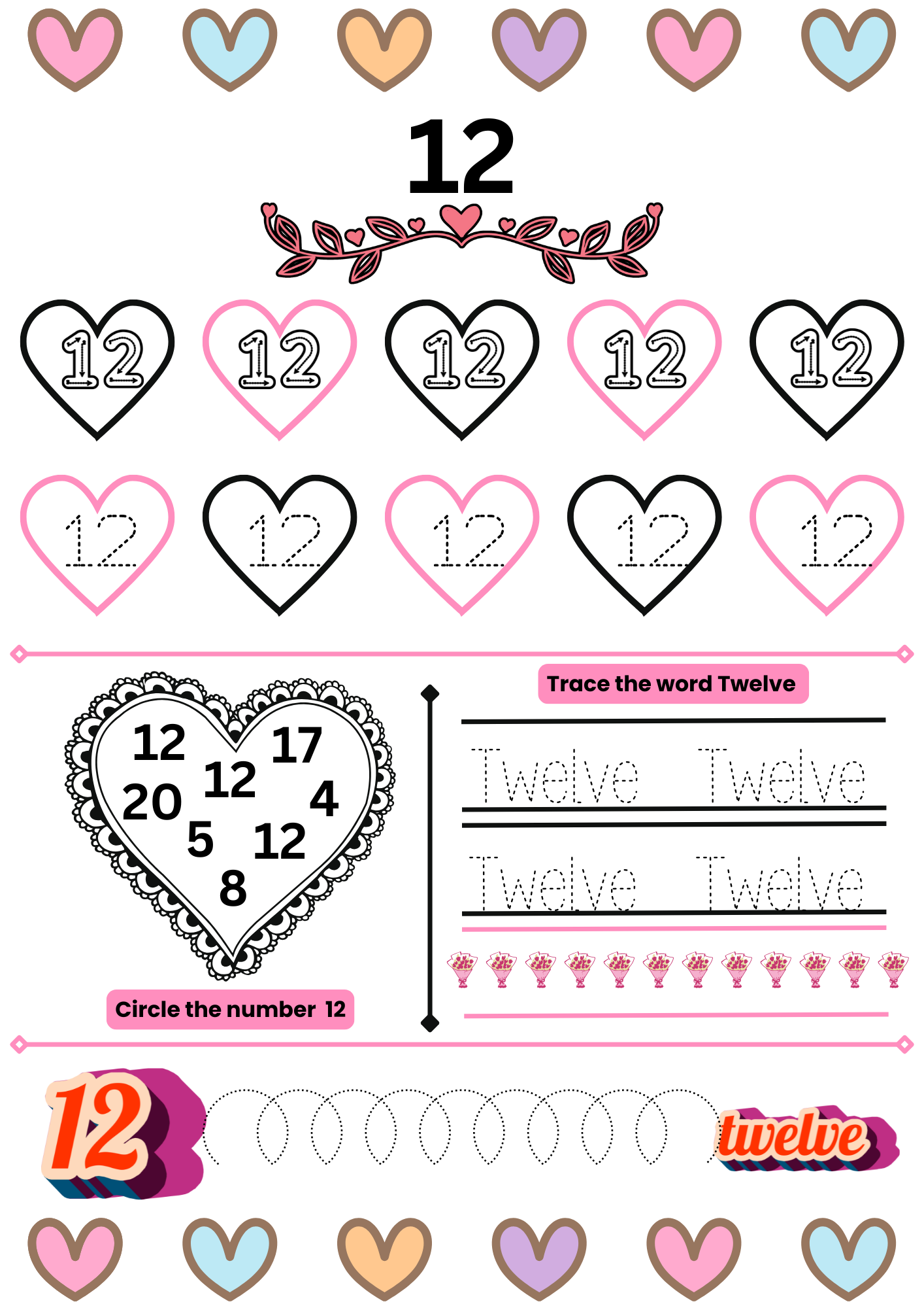 Preschool number 12 tracing and counting activity with heart-themed decorations, tracing practice, number recognition, and circle-the-number exercises.