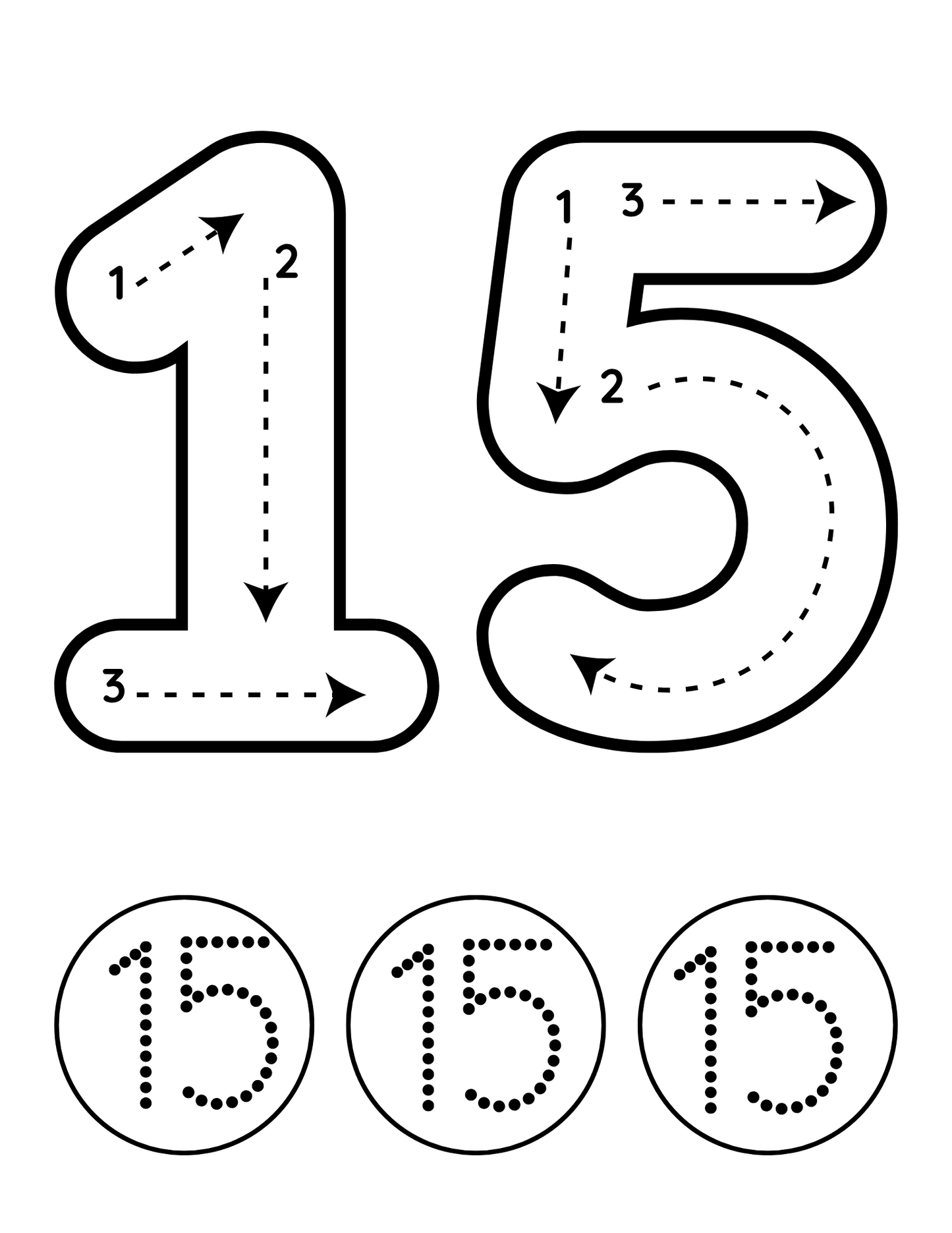 Preschool number tracing worksheet featuring large bold number 15 with dotted tracing lines, directional arrows, and additional circular number practice for toddlers.