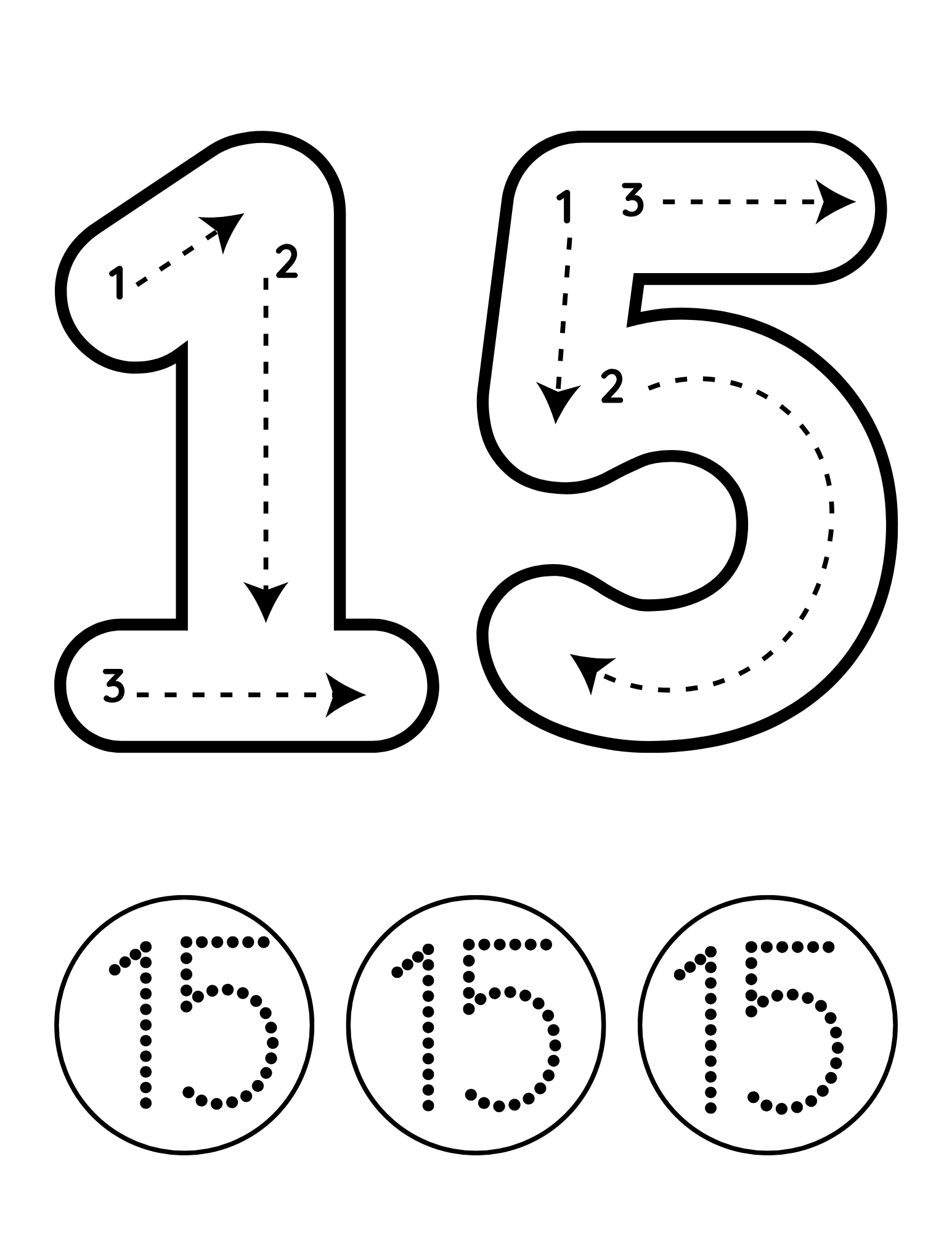 Preschool number tracing worksheet featuring large bold number 15 with dotted tracing lines, directional arrows, and additional circular number practice for toddlers.