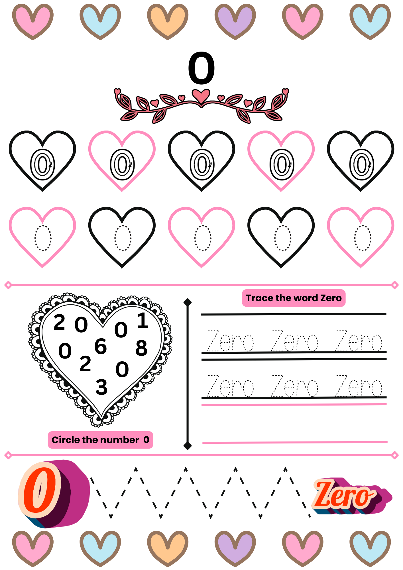 Preschool number 0 tracing and counting activity with heart-themed decorations, tracing practice, number recognition, and circle-the-number exercises.