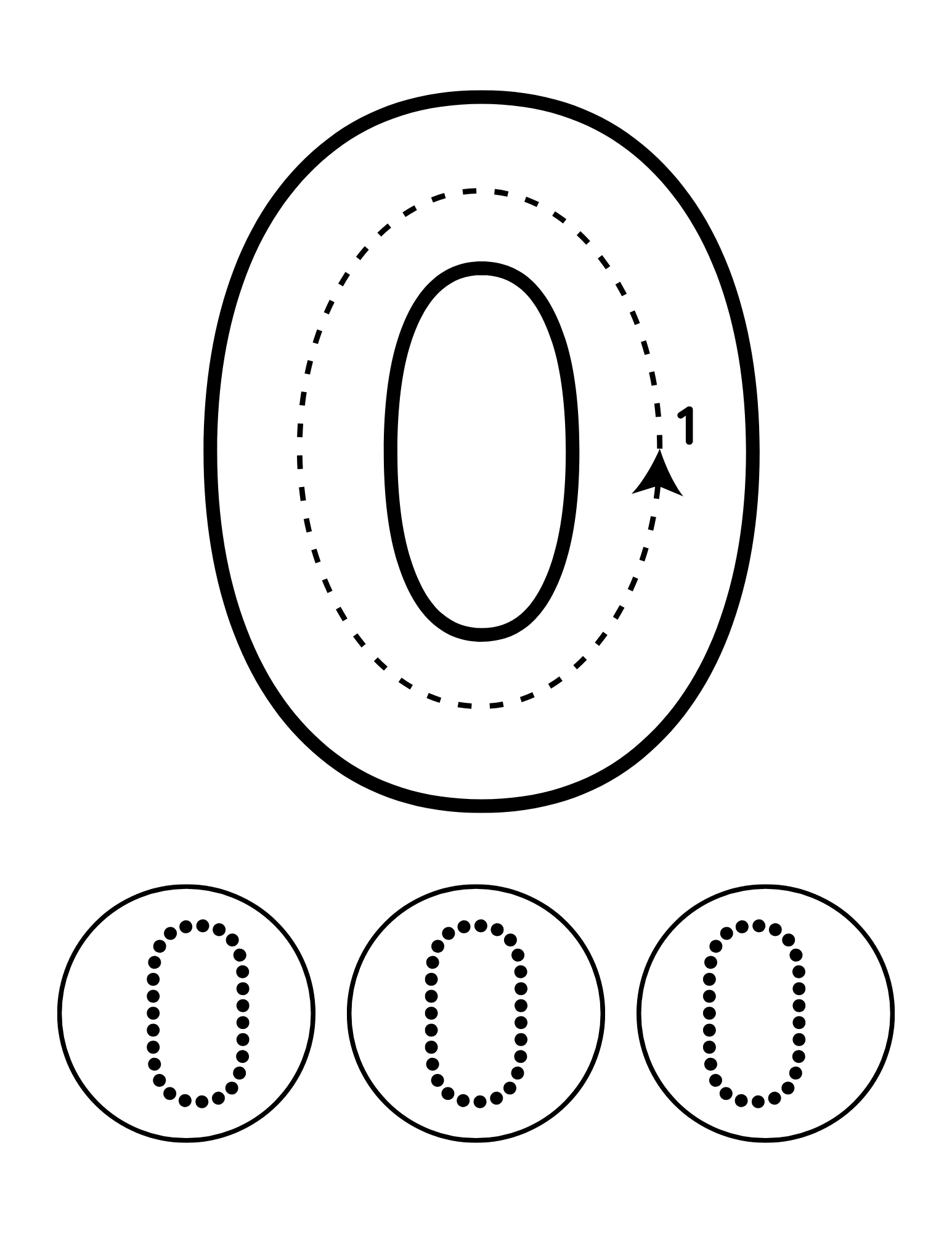 Preschool number tracing worksheet featuring large bold number 0 with dotted tracing lines, directional arrows, and additional circular number practice for toddlers.