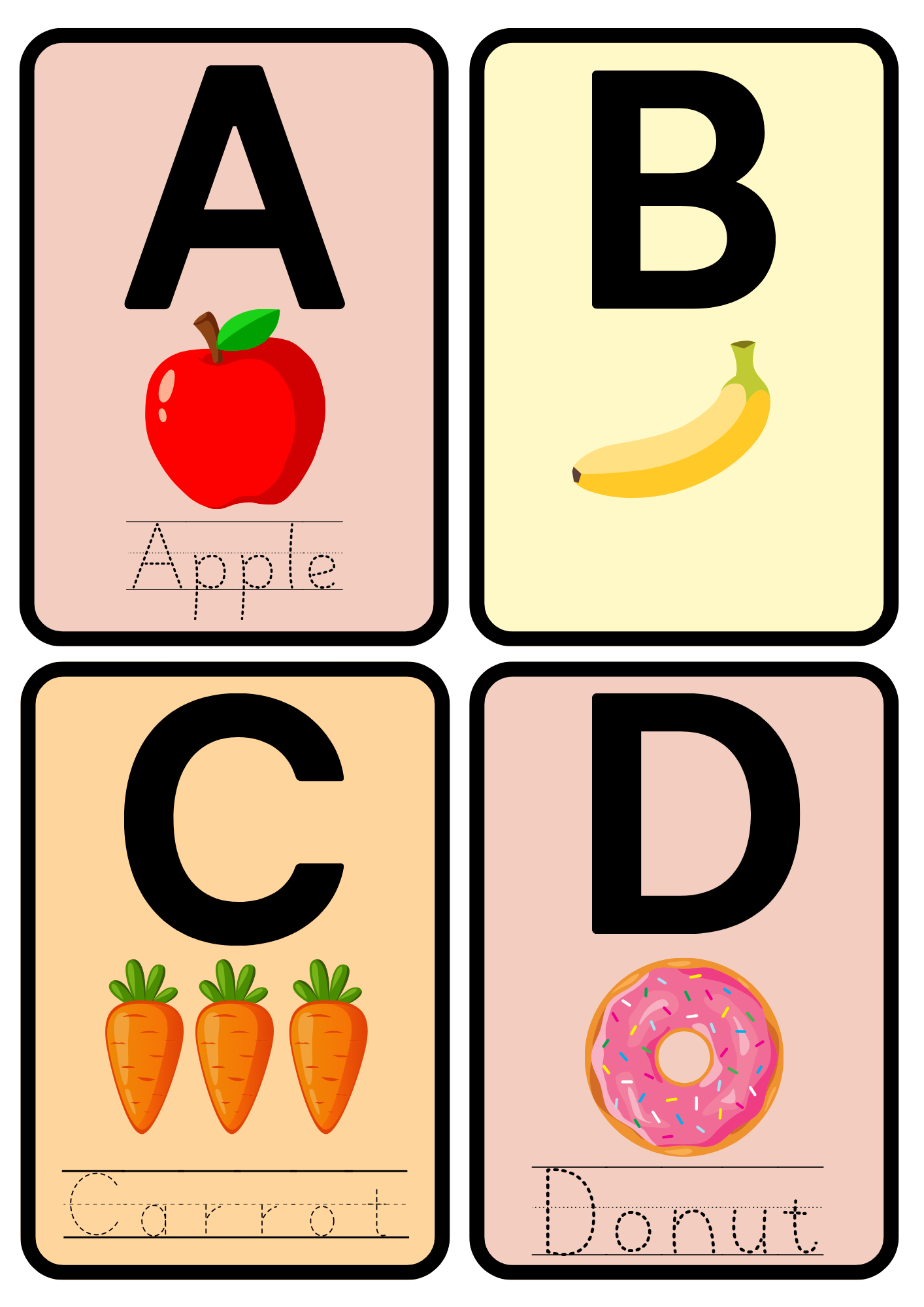 Alphabet flashcards for letters A to D, featuring an apple for A, a banana for B, carrots for C, and a donut for D. Each card includes large uppercase letters, colourful food illustrations, and a traceable word to support early learning.