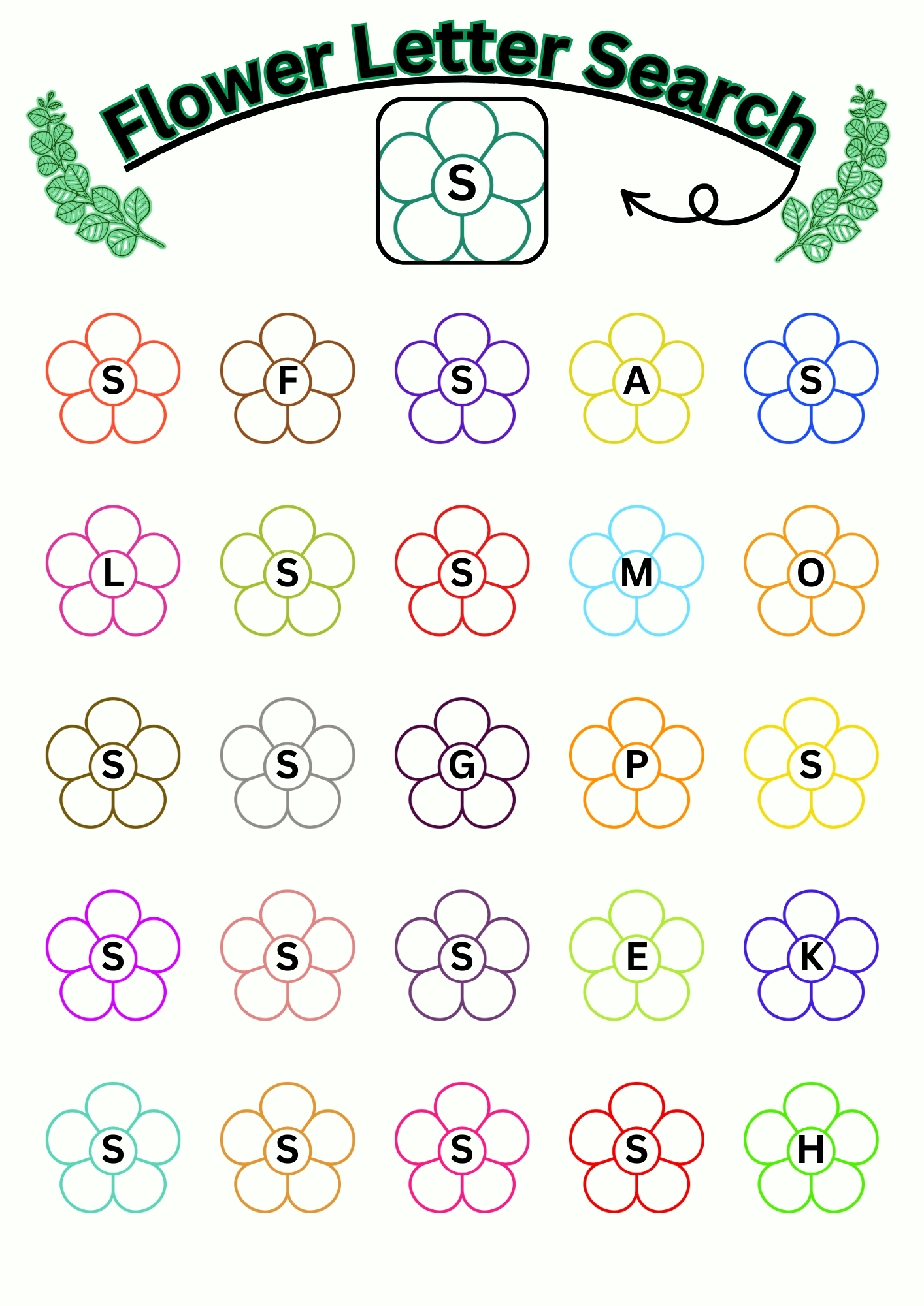 A collection of colourful flower-shaped letter search activities. Each page has a designated target letter displayed at the top within a bordered flower icon. Below, multiple flower outlines contain different uppercase or lowercase letters. The goal is to find and circle the flowers with the matching target letter.