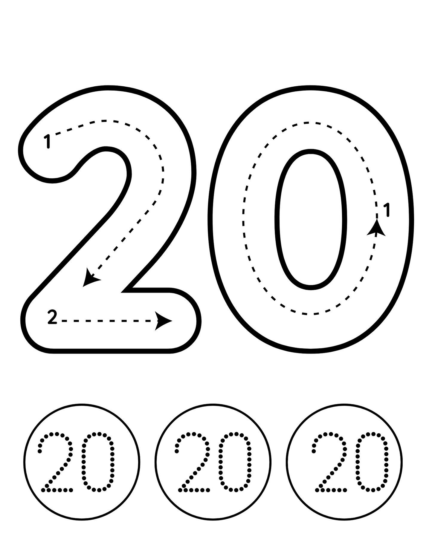 Preschool number tracing worksheet featuring large bold number 20 with dotted tracing lines, directional arrows, and additional circular number practice for toddlers.