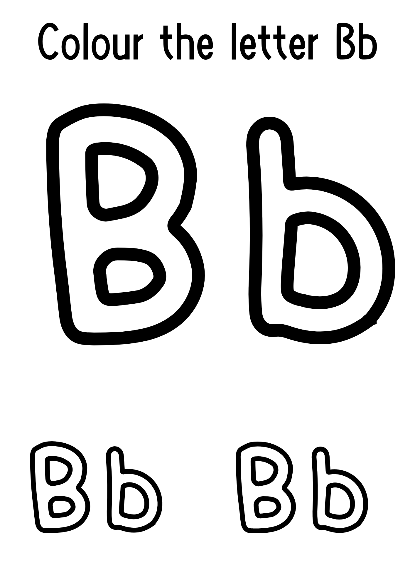 Letter B and lowercase b colouring worksheet for toddlers and preschoolers. Includes large bold bubble letters and smaller Bb pairs for creative learning, letter recognition, and fine motor skill development.