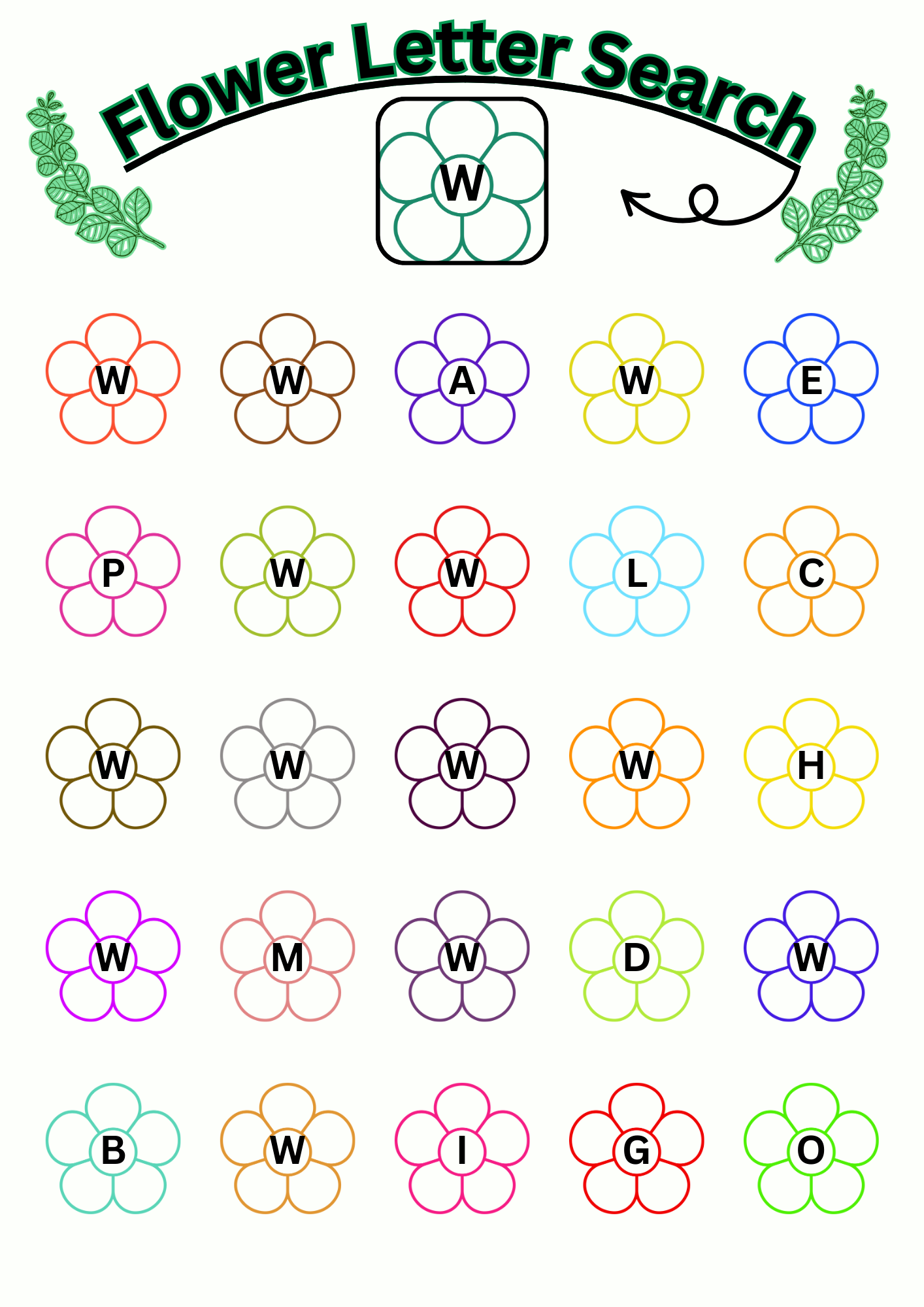 A collection of colourful flower-shaped letter search activities. Each page has a designated target letter displayed at the top within a bordered flower icon. Below, multiple flower outlines contain different uppercase or lowercase letters. The goal is to find and circle the flowers with the matching target letter.