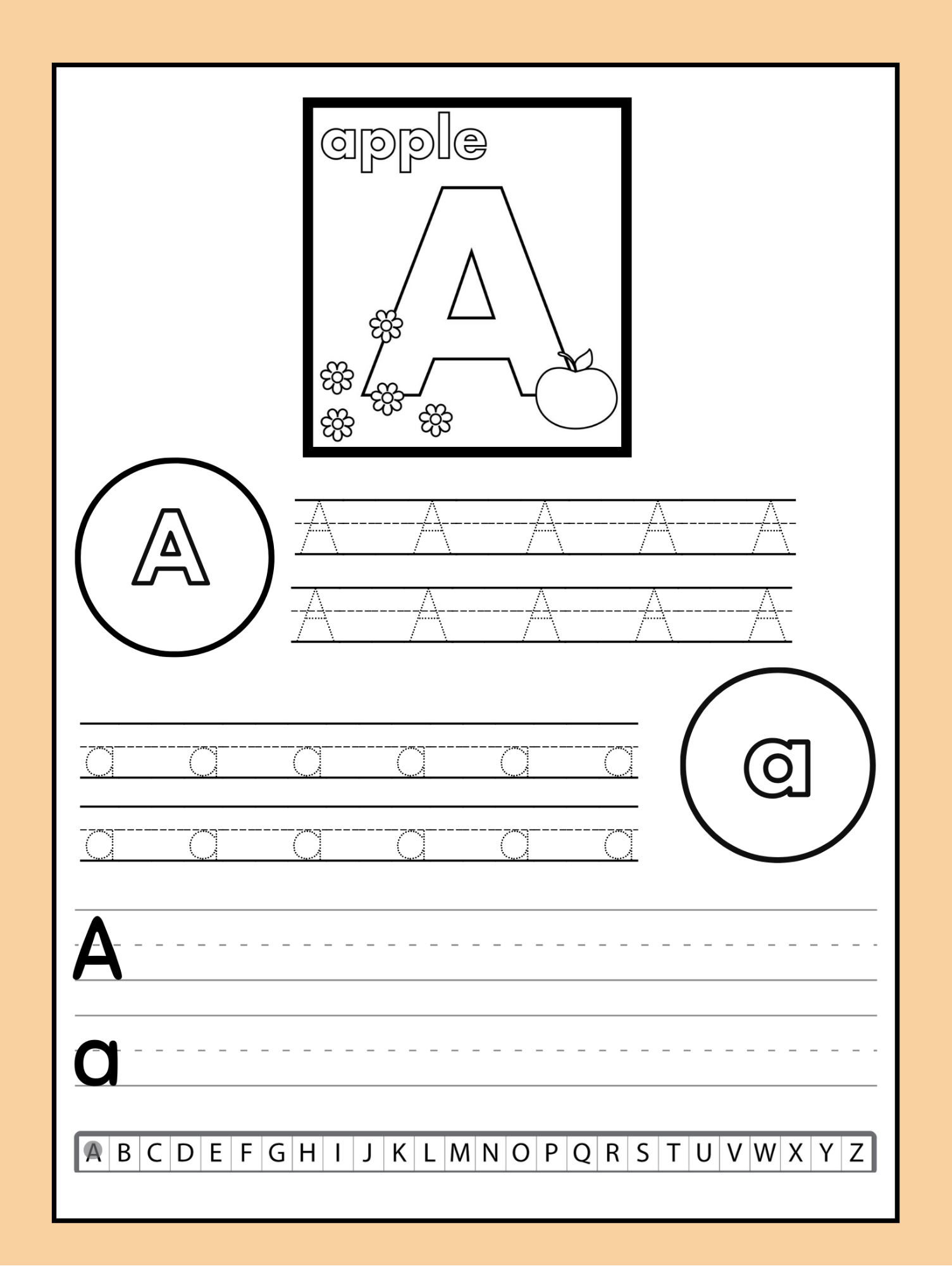 Black and white printable worksheet for the letter A featuring an outlined uppercase letter A with flowers and an apple, along with tracing exercises for both uppercase and lowercase A.