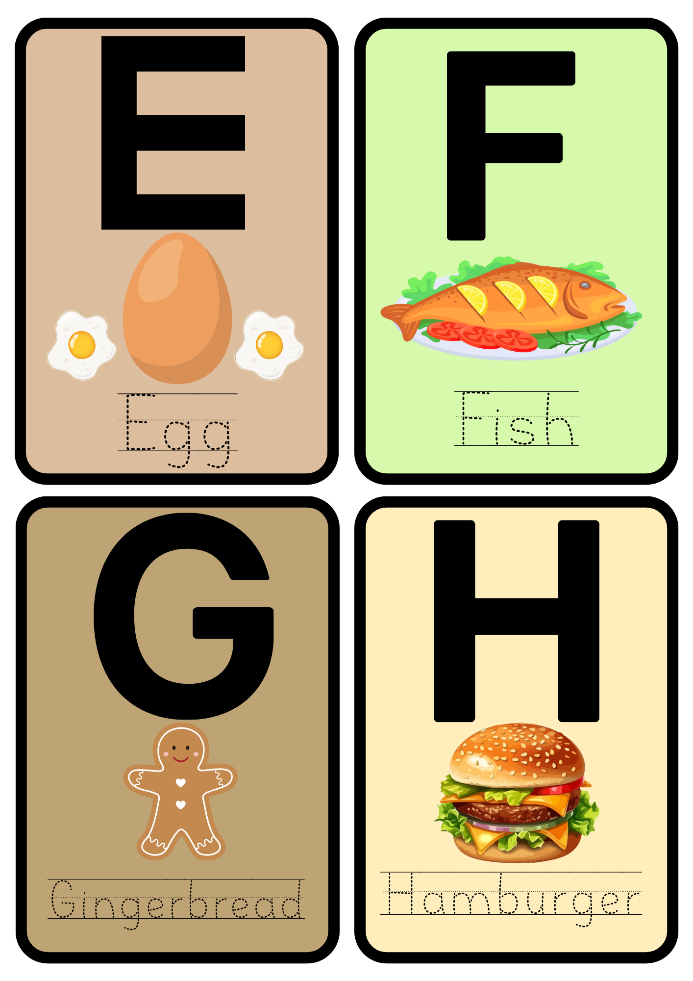 Food-Themed Alphabet Flashcards displaying letters E to H. Illustrations include an egg for E, a fish for F, gingerbread for G, and a hamburger for H. Designed to enhance letter recognition and vocabulary for toddlers and preschoolers.