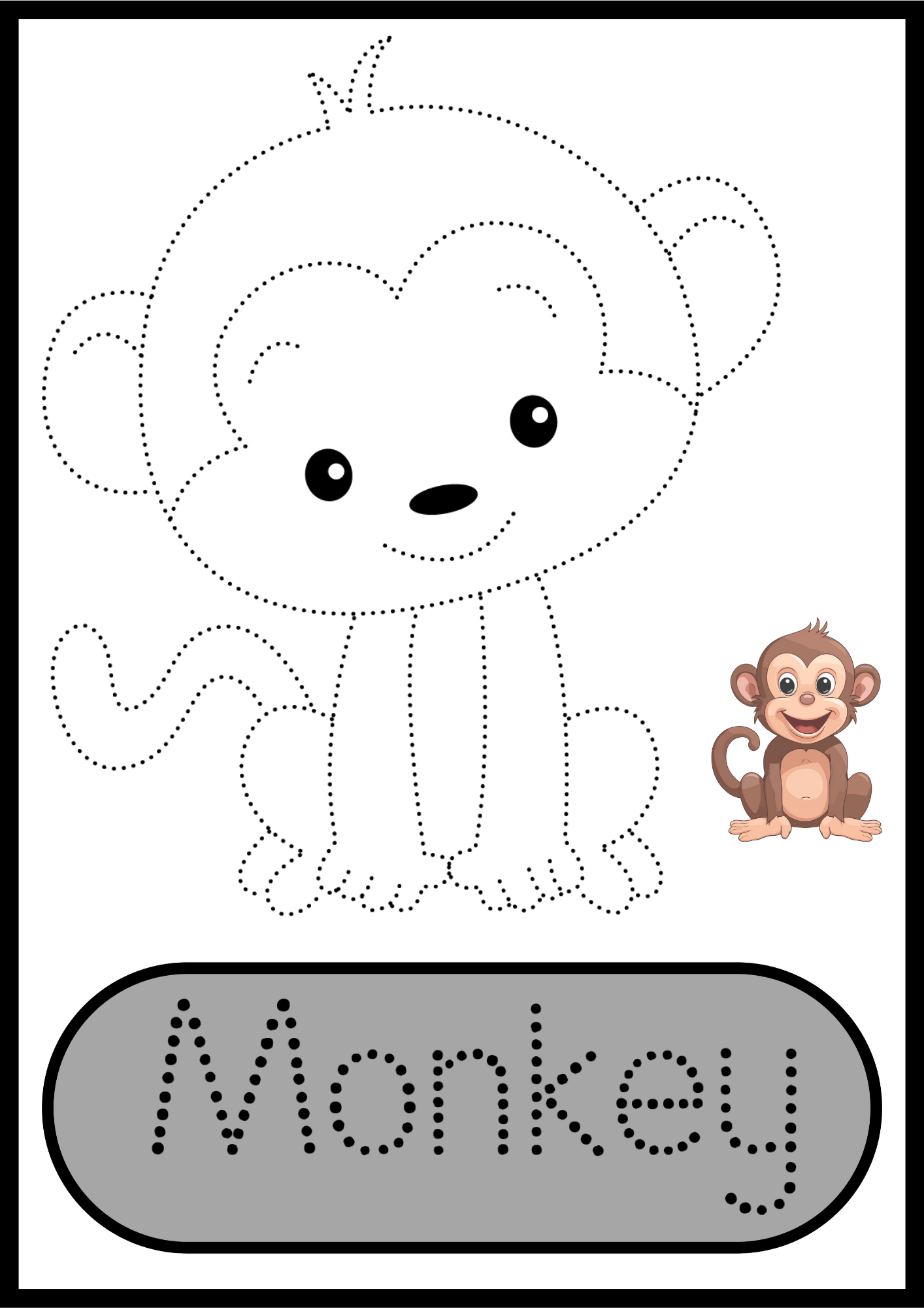 A cute and engaging monkey tracing worksheet for kids, featuring a dotted outline of a smiling cartoon monkey for tracing, a colourful monkey illustration for reference, and a bold dotted word "Monkey" for letter tracing. Designed to improve fine motor skills, hand-eye coordination, and pre-writing abilities in preschoolers and toddlers.