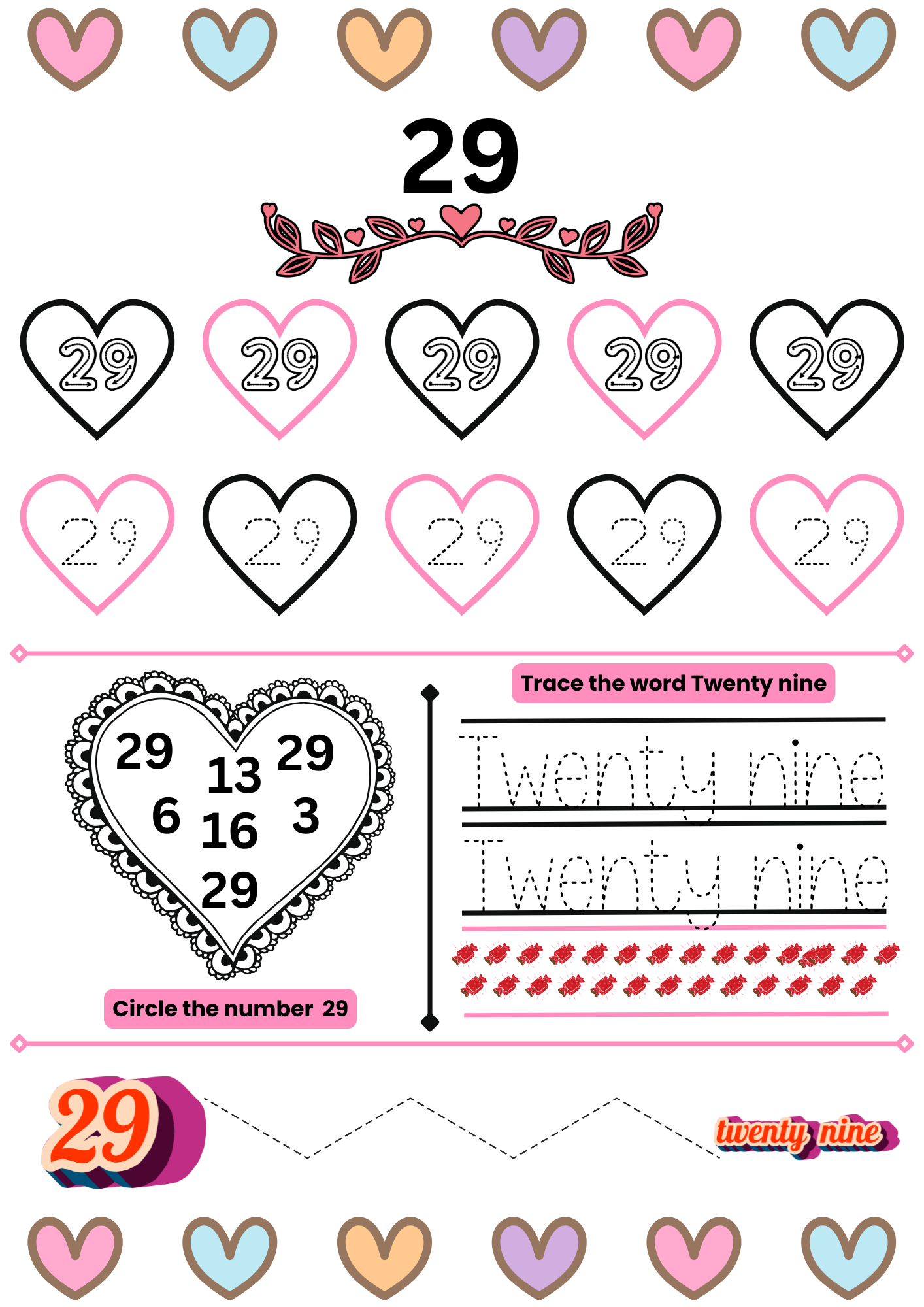 Preschool number 29 tracing and counting activity with heart-themed decorations, tracing practice, number recognition, and circle-the-number exercises.