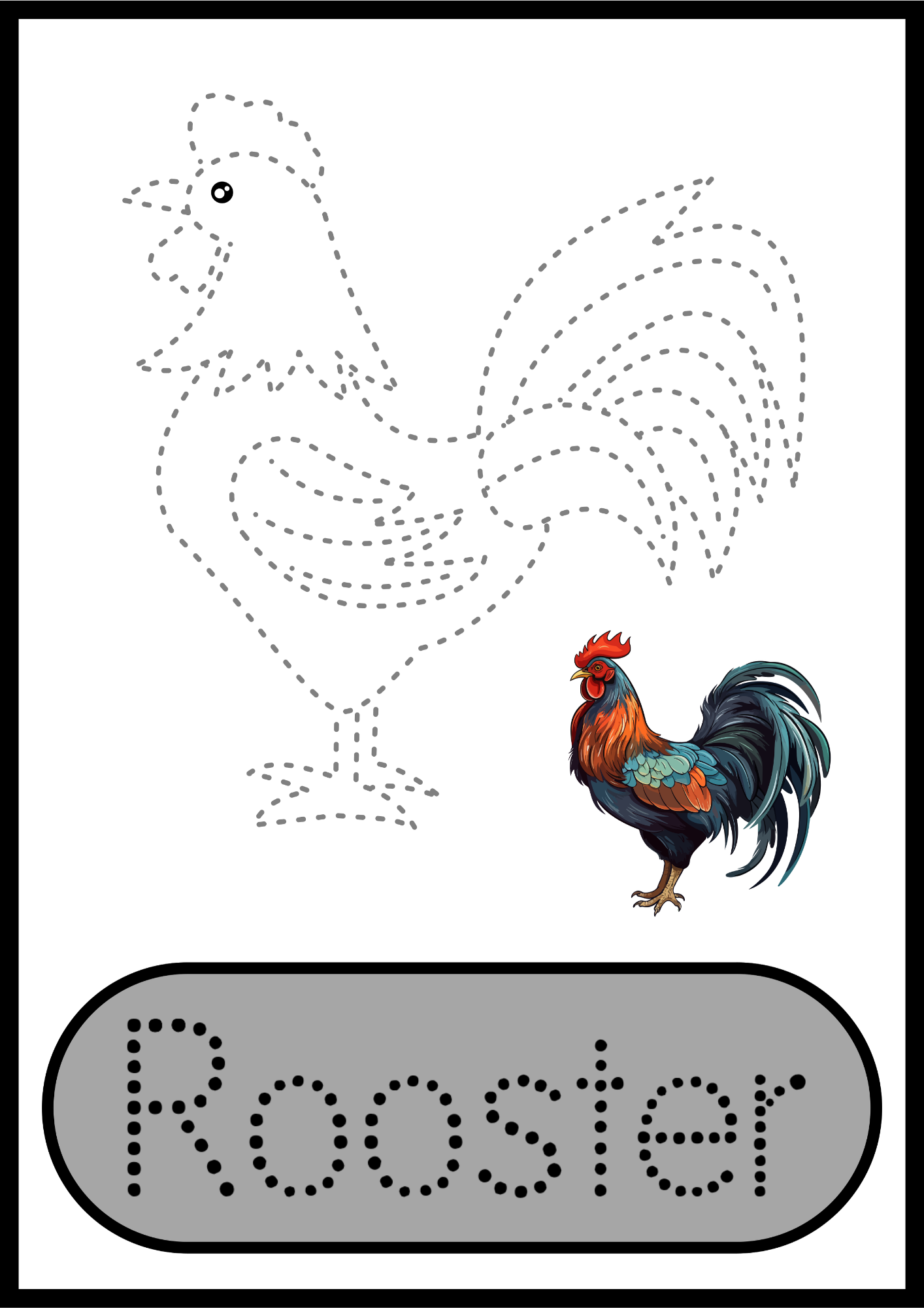 A cute and engaging rooster tracing worksheet for kids, featuring a dotted outline of a smiling cartoon rooster for tracing, a colourful rooster illustration for reference, and a bold dotted word "Rooster" for letter tracing. Designed to improve fine motor skills, hand-eye coordination, and pre-writing abilities in preschoolers and toddlers.