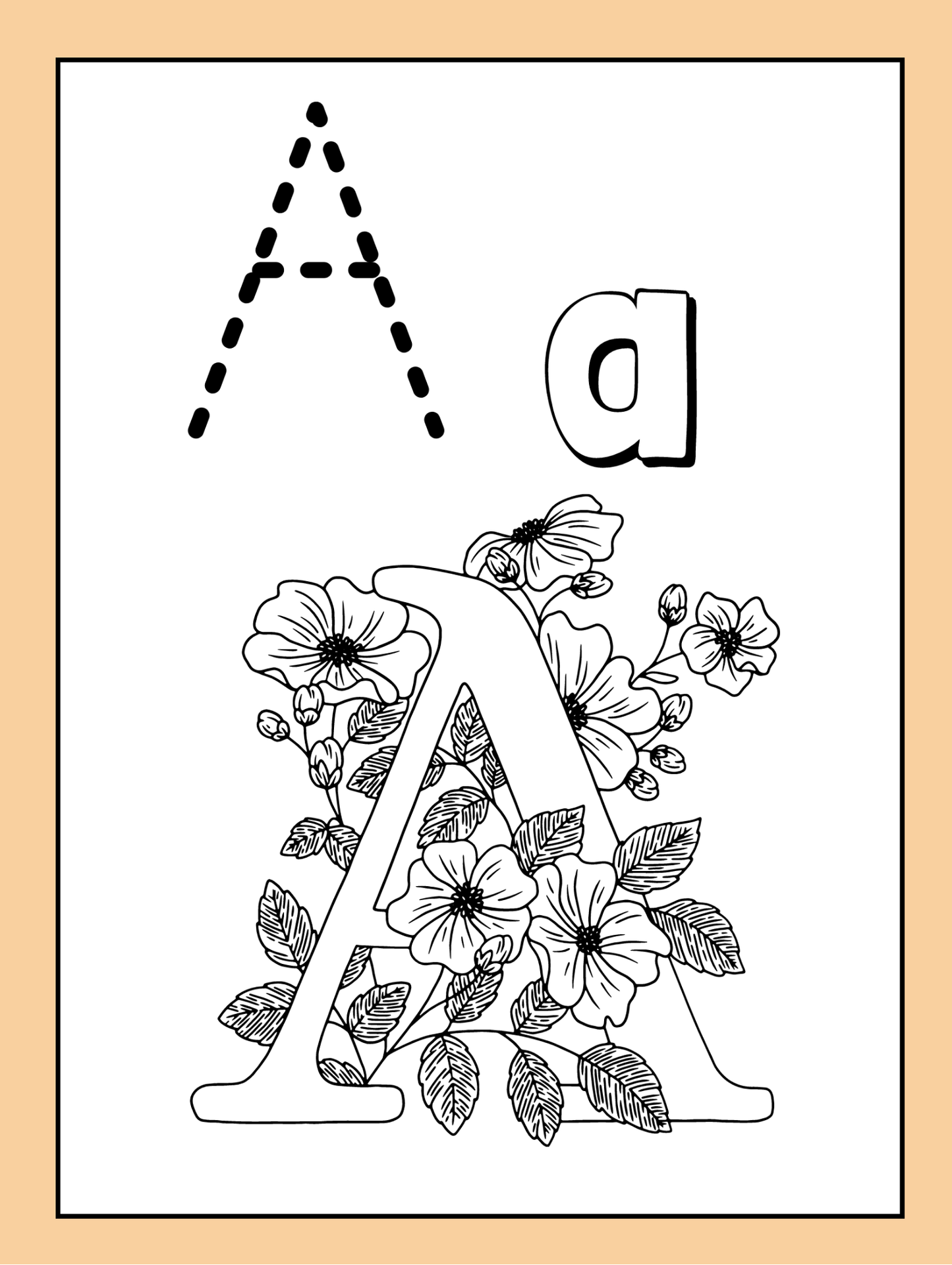 Decorative uppercase letter A with intricate floral patterns, accompanied by a dotted uppercase and lowercase A for tracing. Designed as a fun colouring activity.