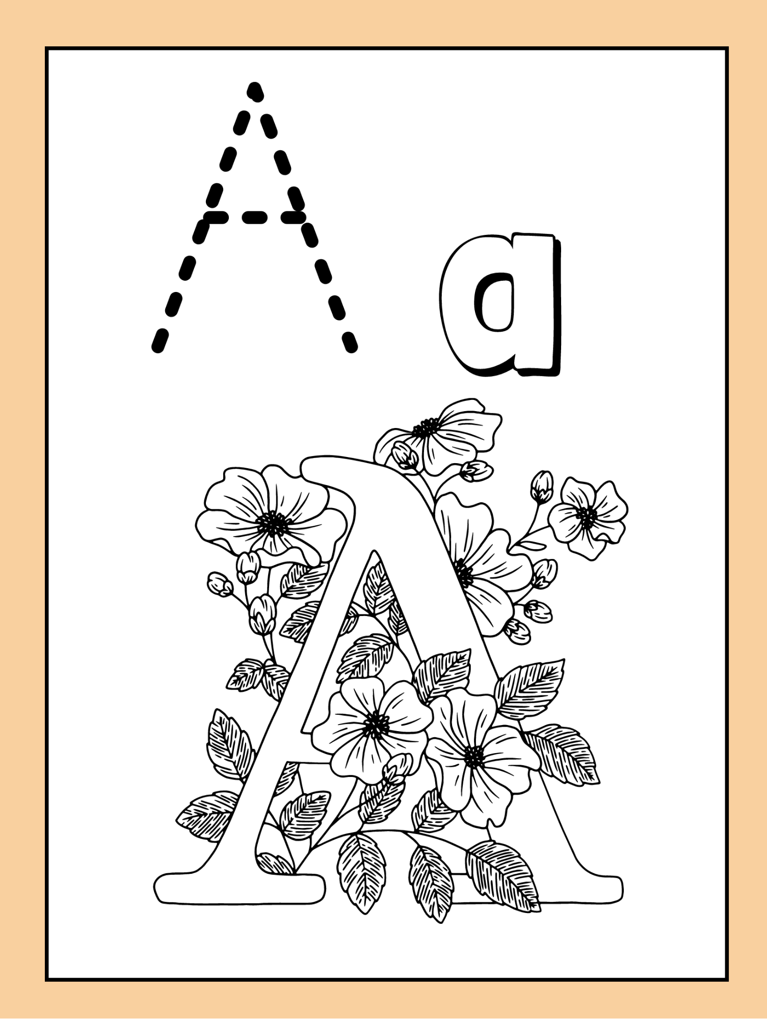 Decorative uppercase letter A with intricate floral patterns, accompanied by a dotted uppercase and lowercase A for tracing. Designed as a fun colouring activity.