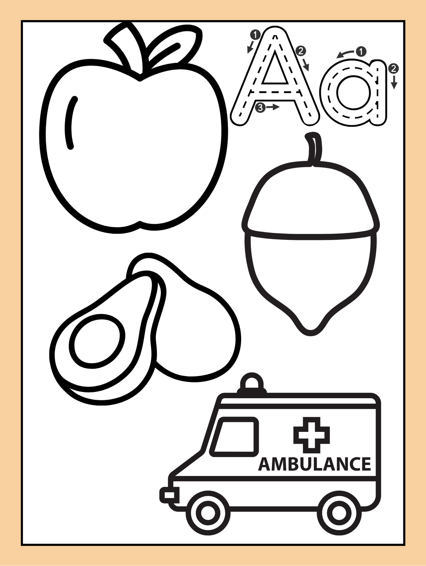 Black and white worksheet featuring an uppercase and lowercase letter A, along with traceable words and illustrations of objects that start with A, including an apple, astronaut, alligator, and ant.