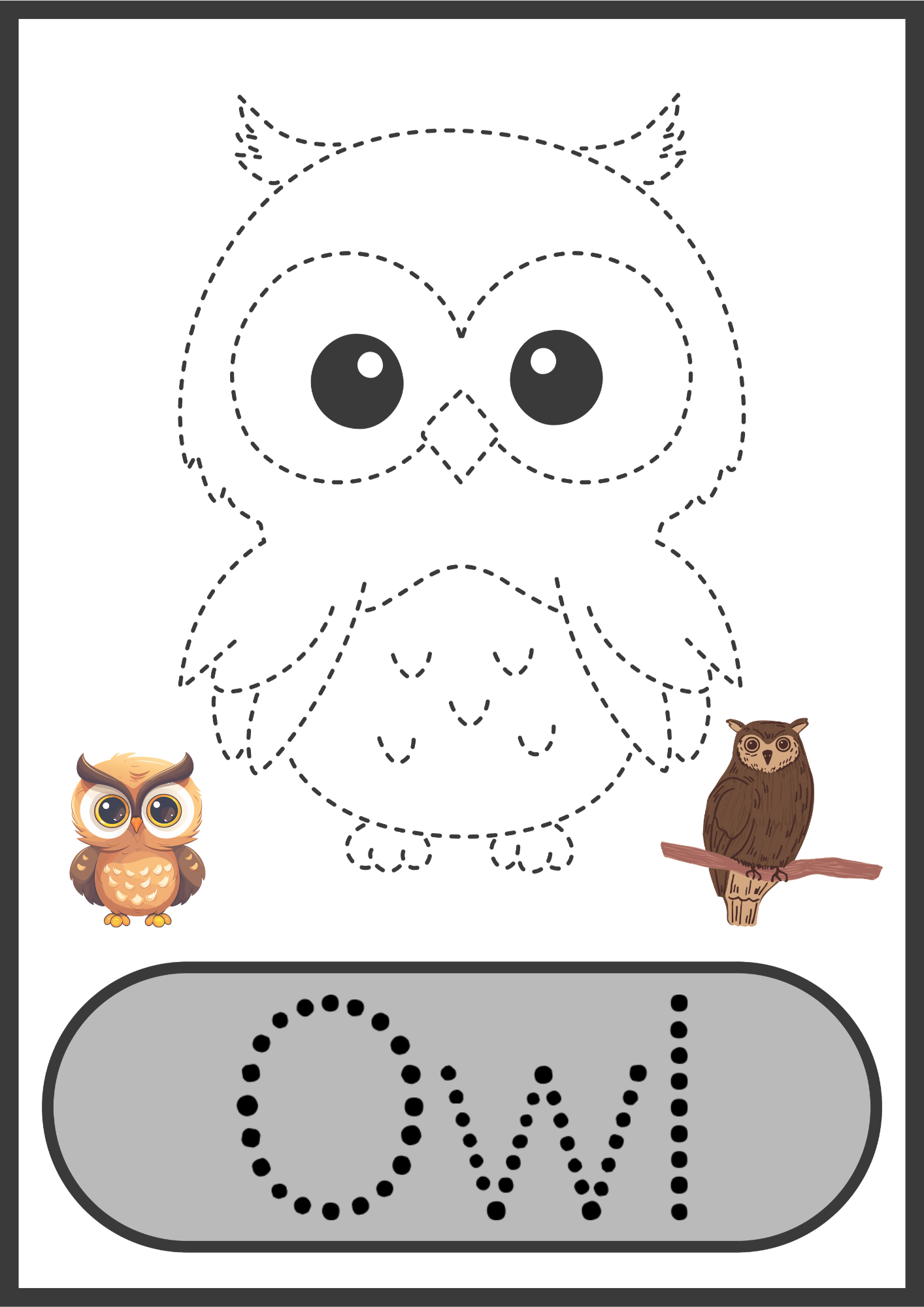 A cute and engaging owl tracing worksheet for kids, featuring a dotted outline of a smiling cartoon owl for tracing, a colourful owl illustration for reference, and a bold dotted word "Owl" for letter tracing. Designed to improve fine motor skills, hand-eye coordination, and pre-writing abilities in preschoolers and toddlers.