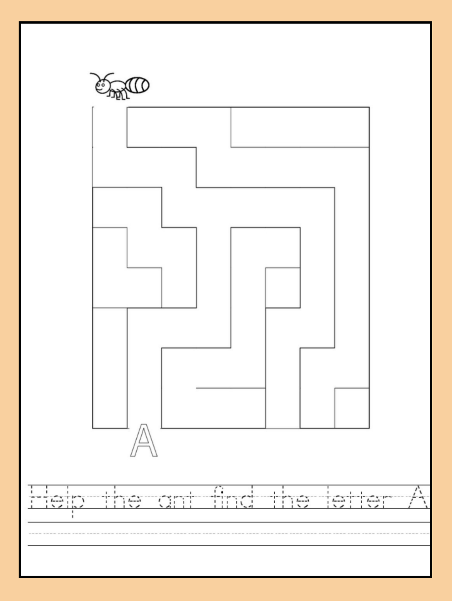 Interactive maze puzzle where children help an ant find the letter A. Includes handwriting practice with the sentence 'Help the ant find the letter A' in traceable font.