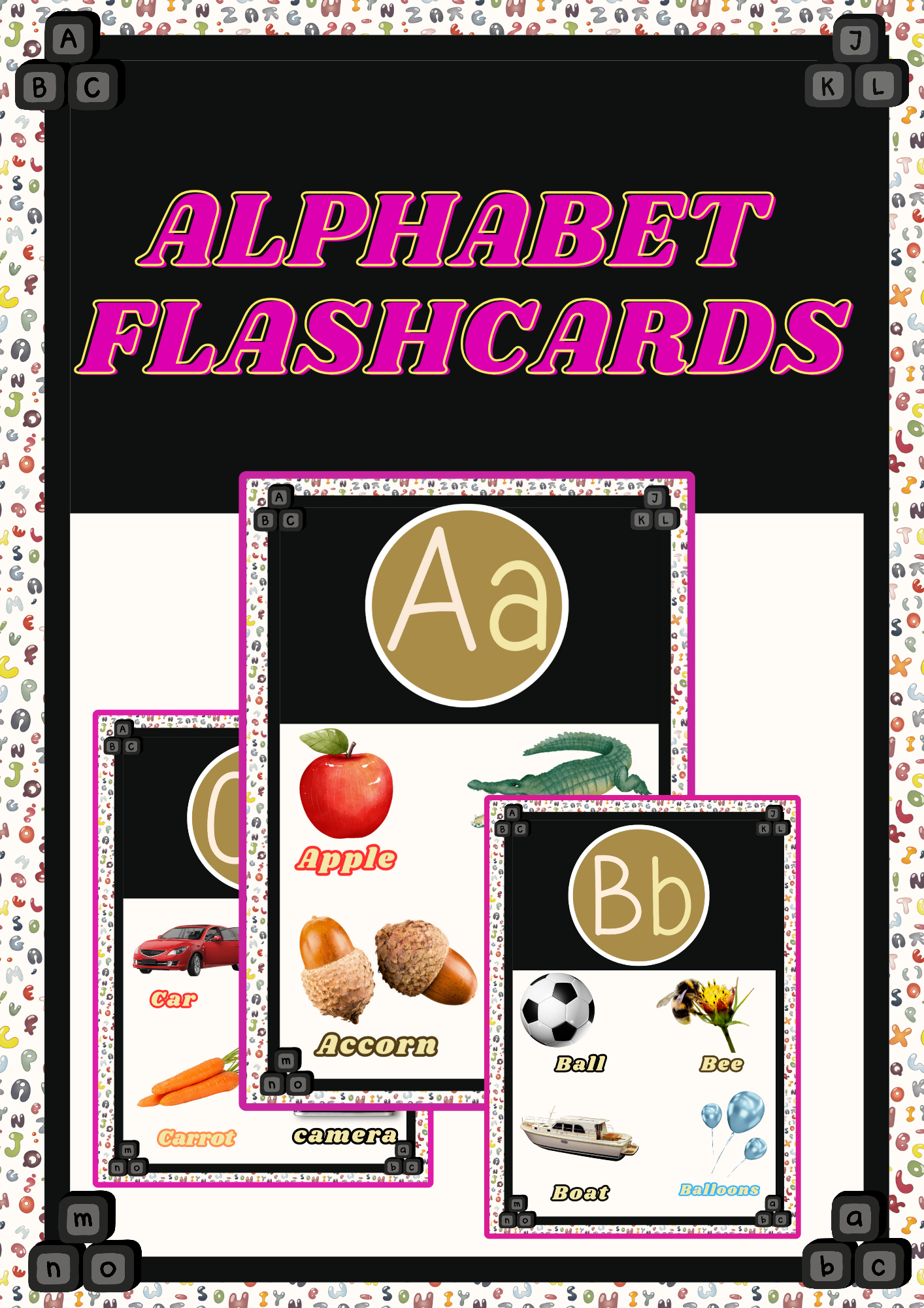 rintable Alphabet Flashcards for toddlers, preschoolers, and kindergarten kids. ABC learning cards with uppercase and lowercase letters, phonics words, and vibrant images to support early literacy, vocabulary building, and letter recognition. Perfect for homeschool, classroom, and speech therapy activities.