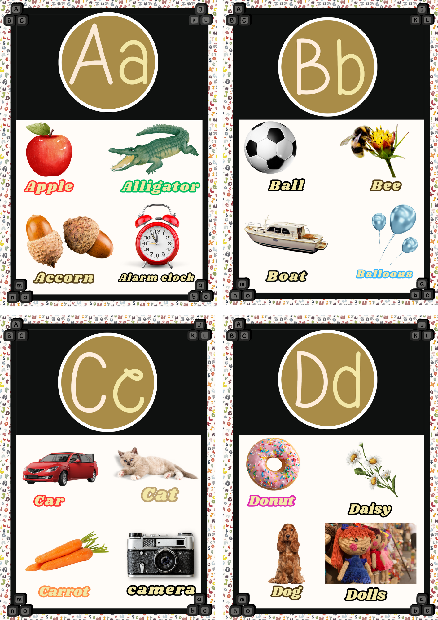 A-D Alphabet Flashcards:
"Alphabet Flashcards A to D featuring Apple, Alligator, Acorn, Alarm Clock, Ball, Bee, Boat, Balloons, Car, Cat, Carrot, Camera, Donut, Daisy, Dog, and Dolls. Perfect for phonics, early literacy, and preschool learning.