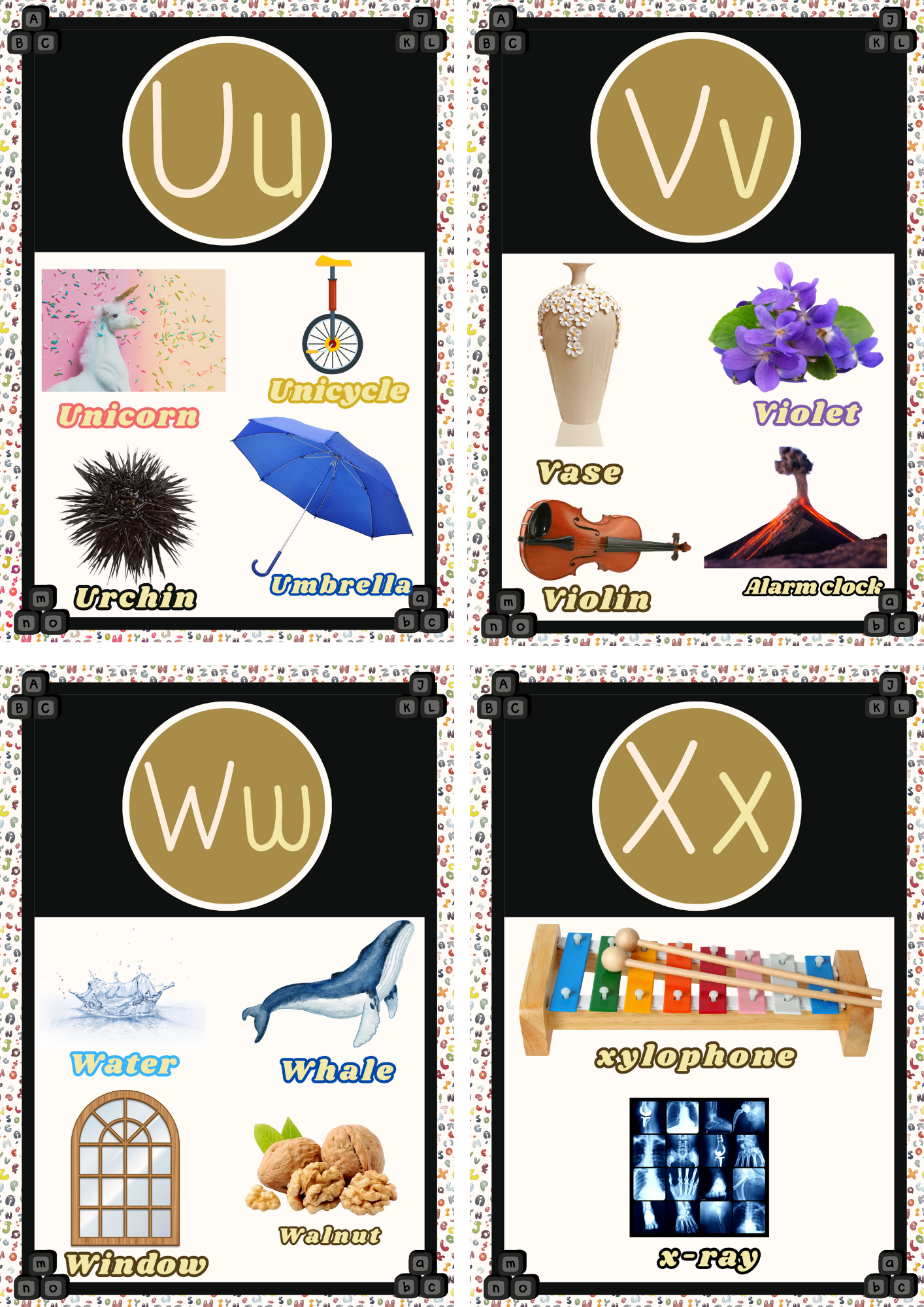 ABC Flashcards U to X featuring Unicorn, Unicycle, Urchin, Umbrella, Vase, Violin, Violet, Alarm Clock, Water, Whale, Walnut, Window, Xylophone, and X-ray. Early learning printable for phonics and vocabulary expansion.