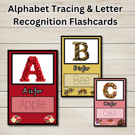 Alphabet tracing and letter recognition flashcards for preschoolers featuring 'A is for Apple,' 'B is for Bee,' and 'C is for Cake.' Each flashcard includes a large letter formed from themed objects, a handwriting tracing activity, and colourful illustrations. Perfect for early childhood education, preschool learning, letter formation, and phonics activities.