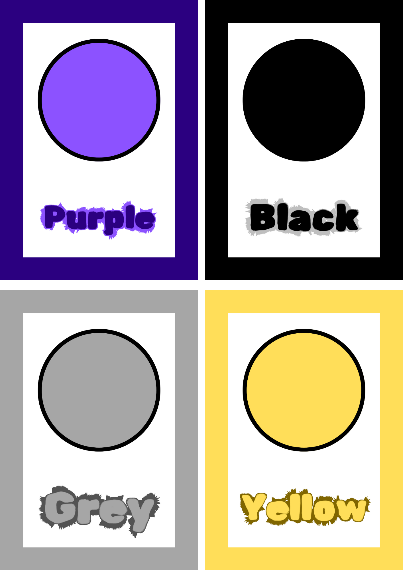 Printable colour recognition flashcards featuring purple, black, grey, and yellow. Perfect for toddlers and preschoolers learning colours through play-based activities.