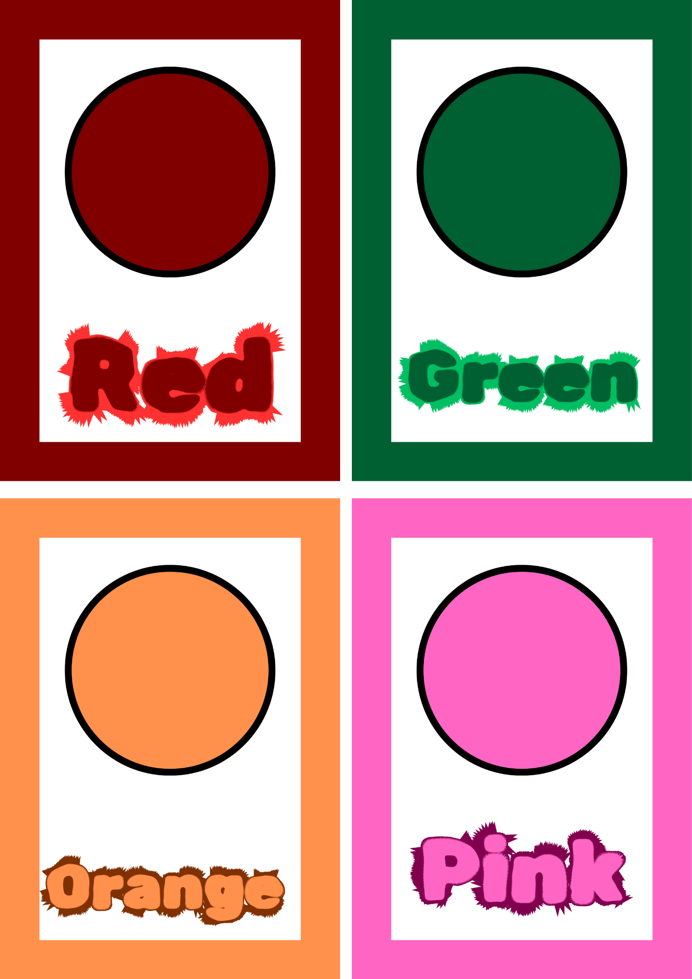 Educational colour learning flashcards for toddlers and preschoolers. Features red, green, orange, and pink printable flashcards to support early childhood education.