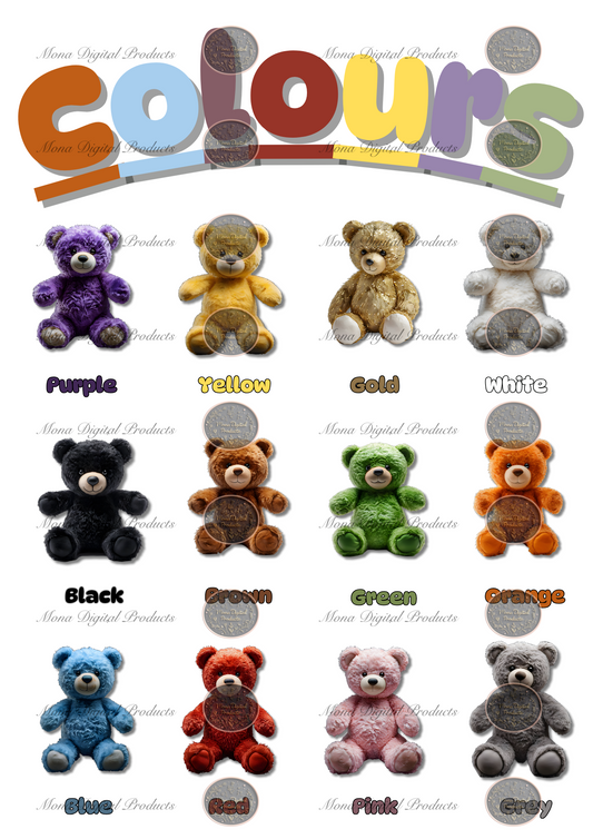 Toddler Colours Poster featuring teddy bears in different colours – Purple, Yellow, Gold, White, Black, Brown, Green, Orange, Blue, Red, Pink, and Grey. Fun and educational colour recognition chart for kids, perfect for preschool, homeschooling, classrooms, and early learning. Vibrant digital download for nursery or playroom decor, designed by Mona Digital Products.