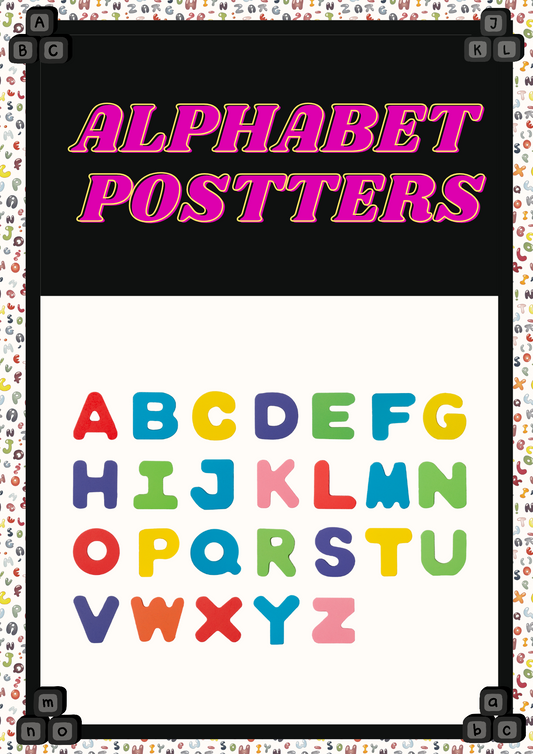 A vibrant and educational alphabet poster featuring all 26 uppercase letters in bold, colourful typography. Each letter is uniquely designed in bright primary and pastel shades to engage early learners. This A-Z learning chart is ideal for preschool classrooms, homeschool setups, and nursery wall decor, helping toddlers and young children with letter recognition and phonics.