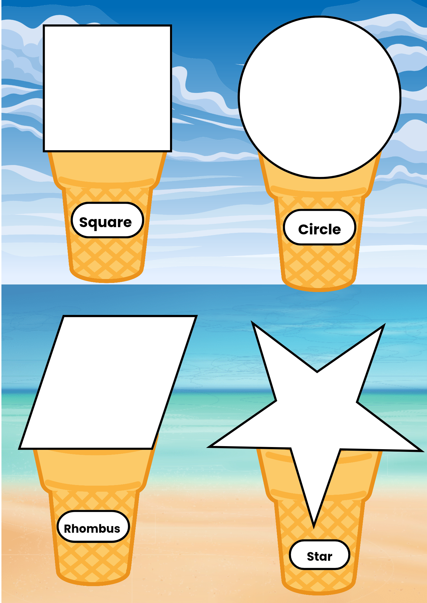 A colourful educational worksheet featuring four ice cream cones, each topped with a different geometric shape: a square, a circle, a rhombus, and a star. Each cone has a label with the corresponding shape name inside a white oval with a black outline. The background showcases a beach scene with a blue sky, white clouds, and an ocean view. The design is vibrant and engaging, aimed at helping children learn shape recognition through a fun, ice-cream-themed matching activity.