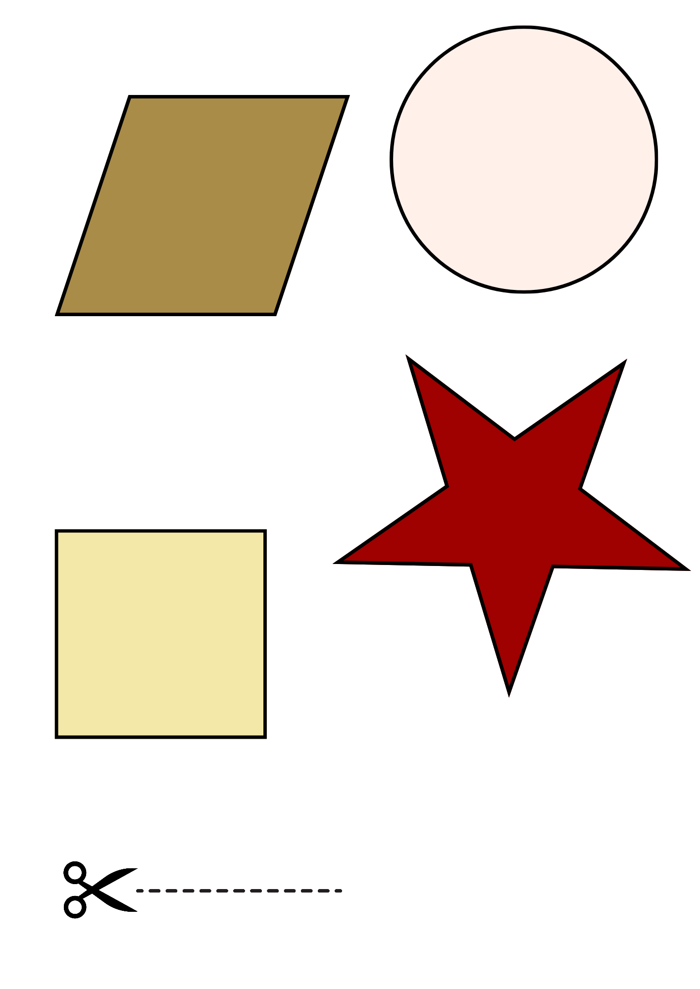 A printable cut-and-paste worksheet featuring four geometric shapes: a brown rhombus, a light beige circle, a red star, and a pale yellow square. The shapes are outlined in black and arranged on a white background. At the bottom left corner, there is a small scissor icon with a dashed line, indicating that the shapes can be cut out. This worksheet is designed to help children practice shape recognition and fine motor skills through a hands-on activity.