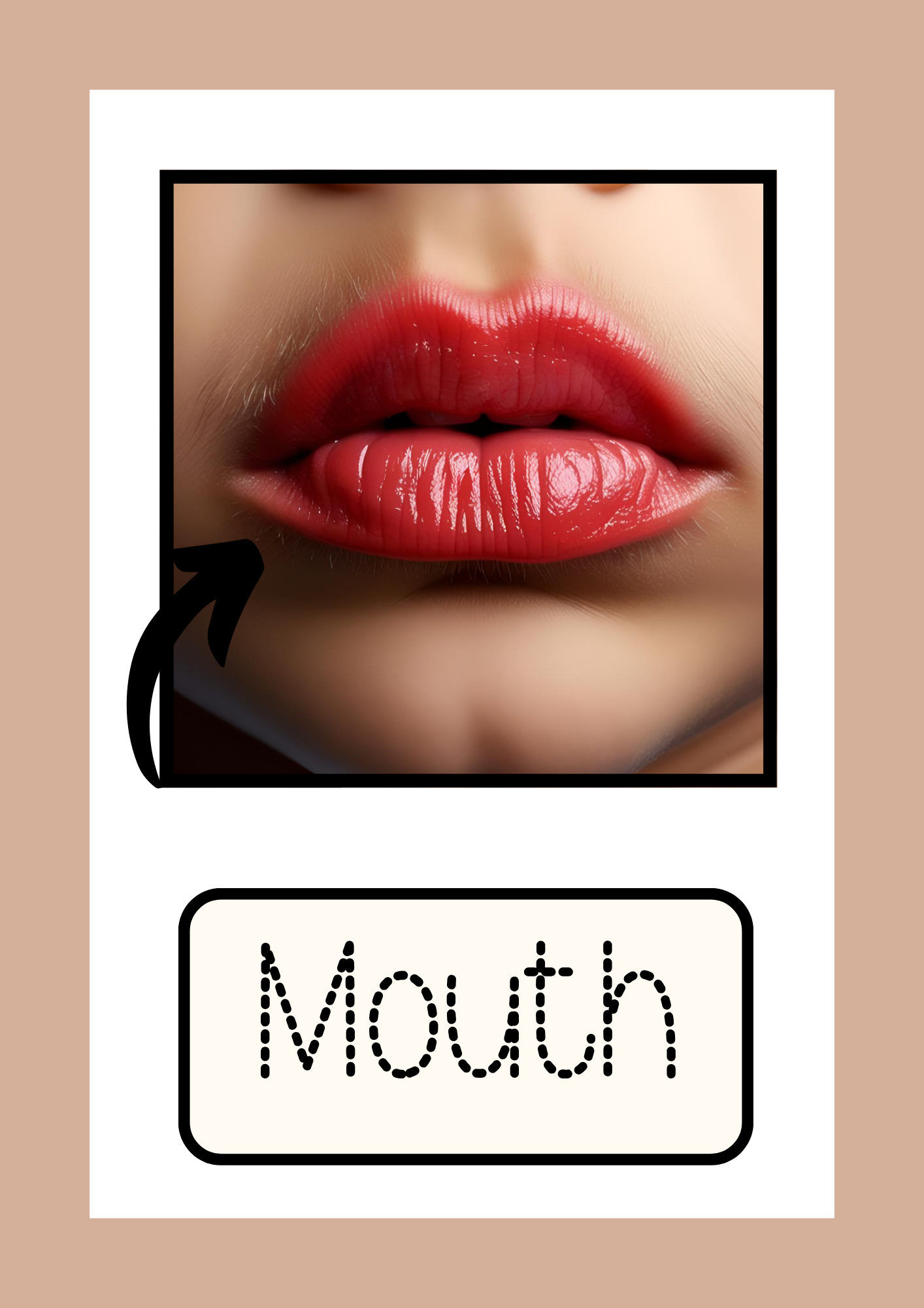 A printable flashcard featuring a close-up image of a child’s mouth with full, glossy red lips. A small arrow points to the mouth, and "Mouth" is written in a dotted tracing font, supporting early childhood vocabulary development and tracing practice.