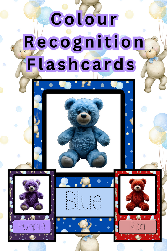 Colour Recognition Flashcards for Toddlers and Preschoolers – A set of educational printable flashcards featuring teddy bears in 12 different colours to help young learners develop early childhood colour recognition skills. The main card displays a blue teddy bear with the word “Blue” in a tracing font for additional pre-writing practice. Smaller flashcards feature a purple teddy bear labeled "Purple" and a red teddy bear labeled "Red". Designed for homeschooling, Montessori activities, preschool learning, 