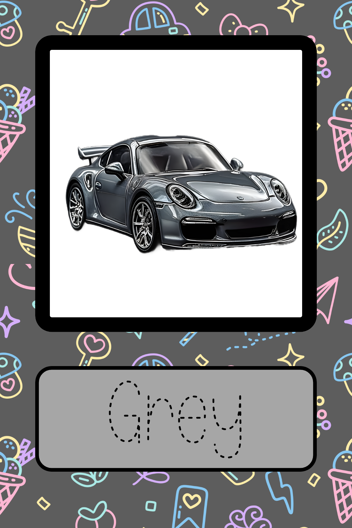 Grey colour recognition flashcard featuring a shiny grey car. Montessori-inspired printable for teaching toddlers and preschoolers colour identification and vocabulary development.