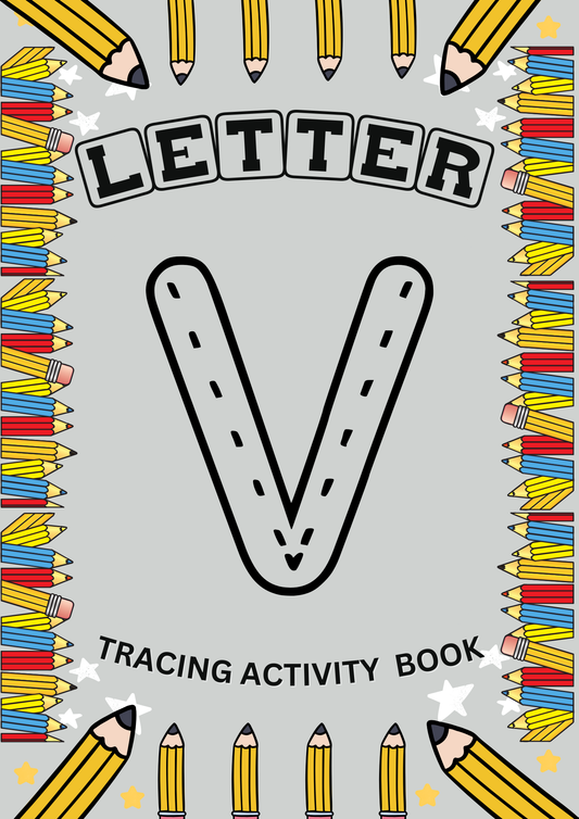 Fun letter V tracing activity book with EYFS alphabet worksheets to support early years handwriting and letter recognition