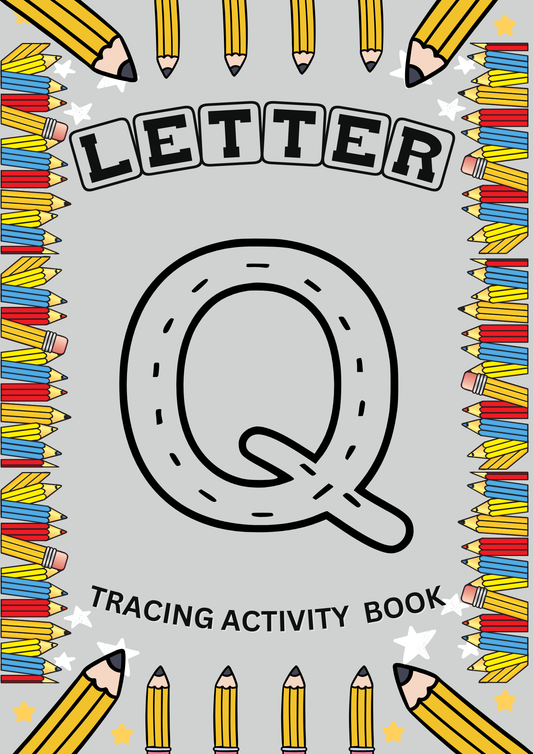 Fun letter Q tracing activity book with EYFS alphabet worksheets to support early years handwriting and letter recognition