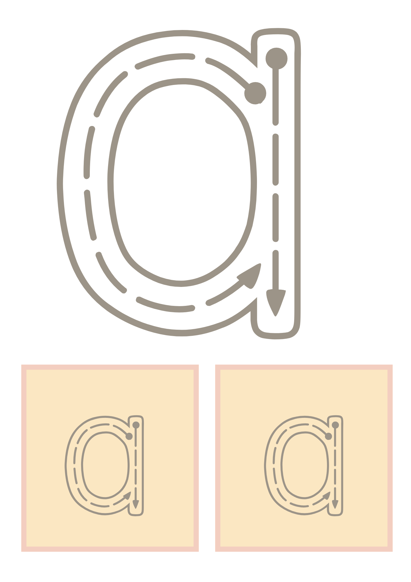 A guided handwriting practice sheet featuring the lowercase letter 'a' with directional arrows to help preschoolers learn letter formation and improve fine motor skills.