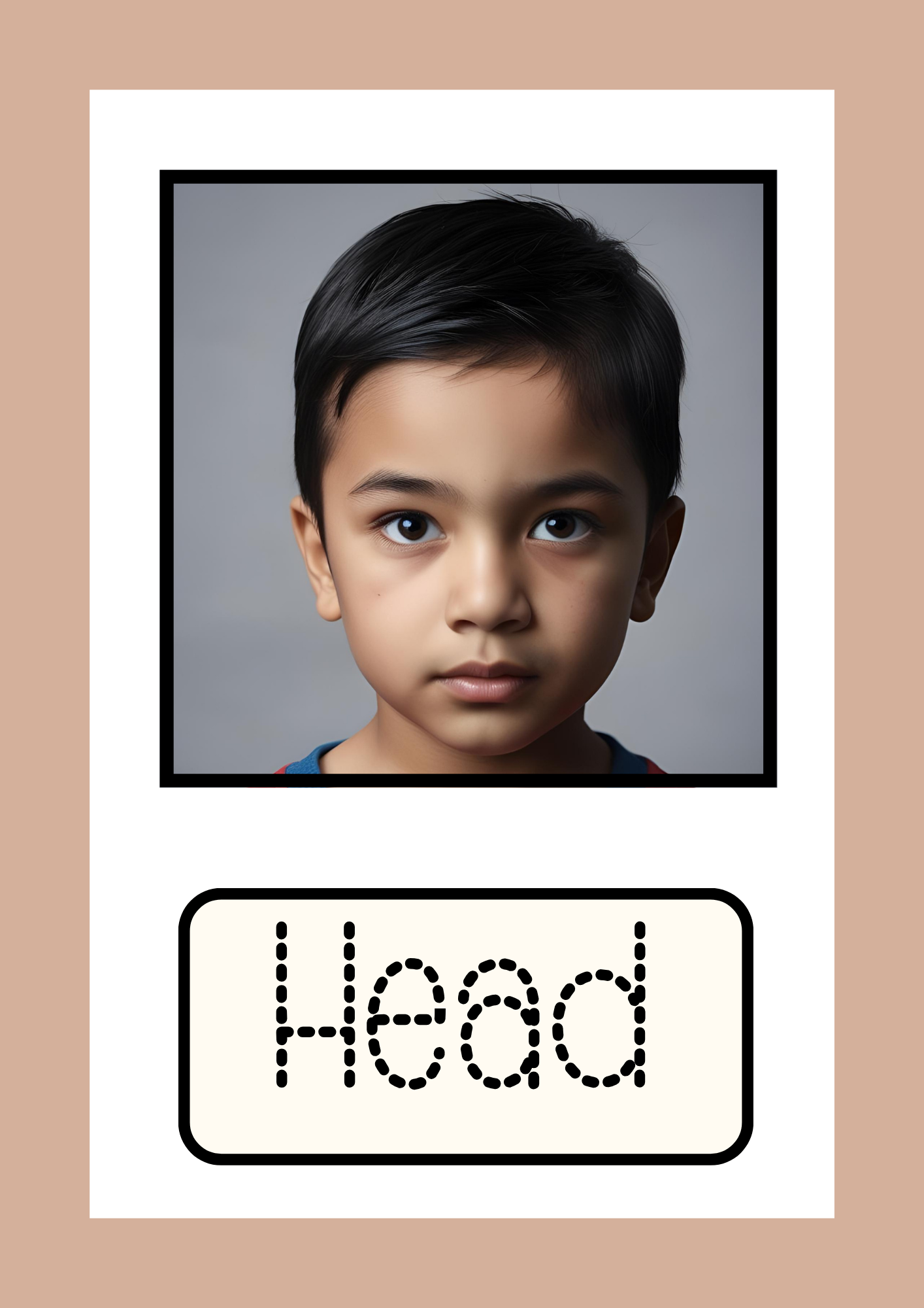 Head Flashcard: A printable flashcard featuring a close-up portrait of a young child with dark hair and brown eyes, looking directly at the camera. Below the image, "Head" is written in a dotted tracing font, helping toddlers and preschoolers learn body parts and practice early writing skills.