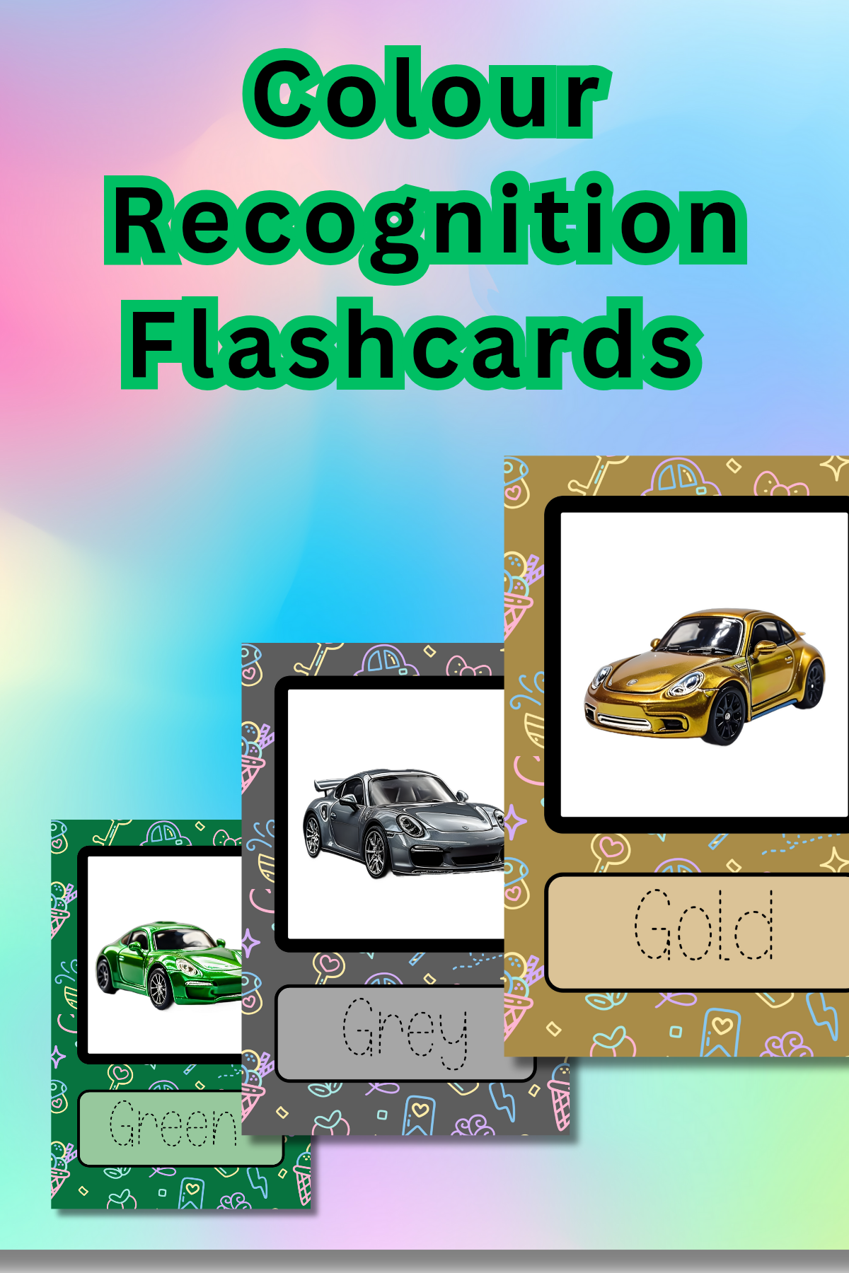 Colour Recognition Flashcards for toddlers and preschoolers featuring car-themed colour learning activities. Fun and interactive educational printables for early childhood learning.