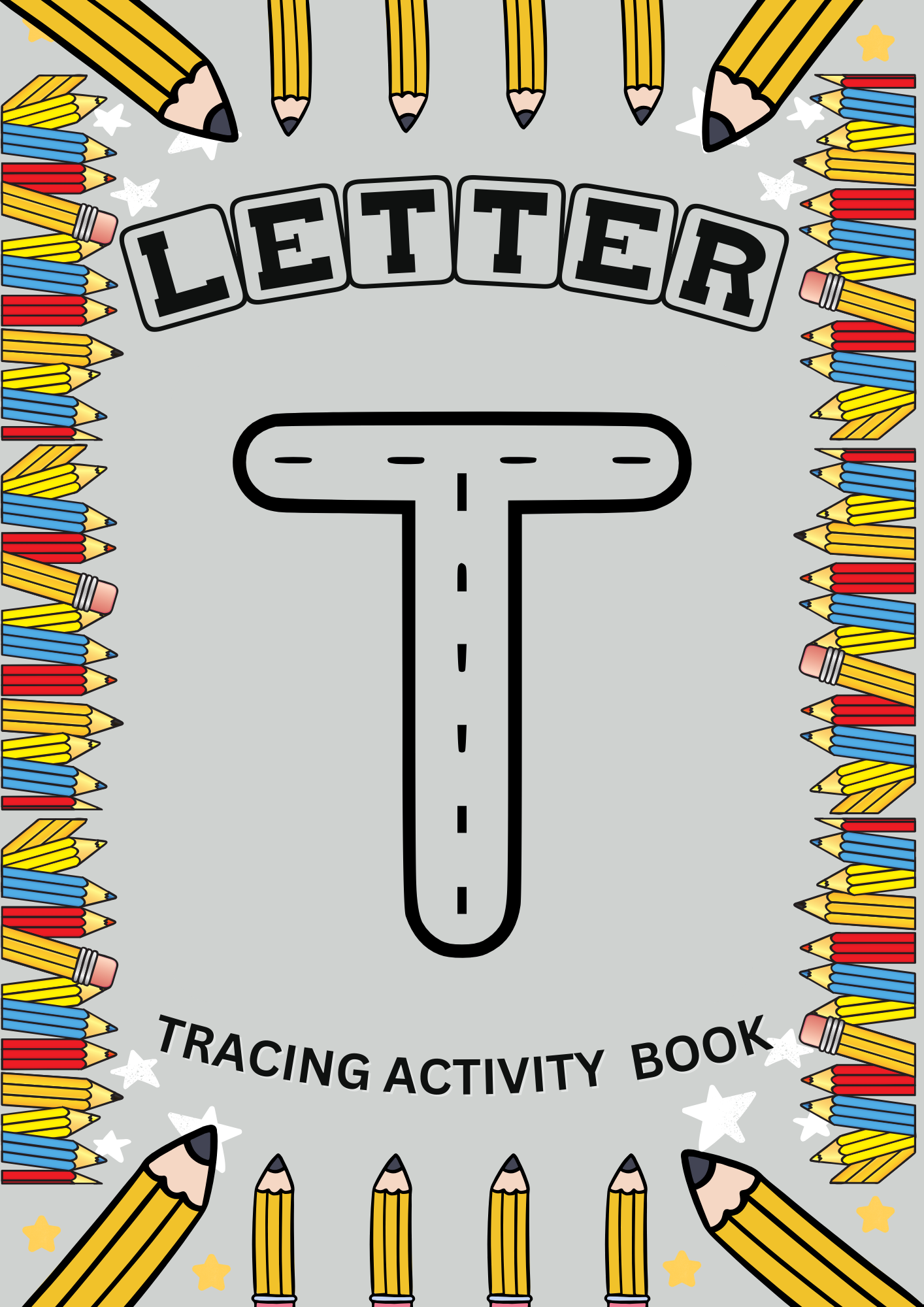 Fun letter T tracing activity book with EYFS alphabet worksheets to support early years handwriting and letter recognition