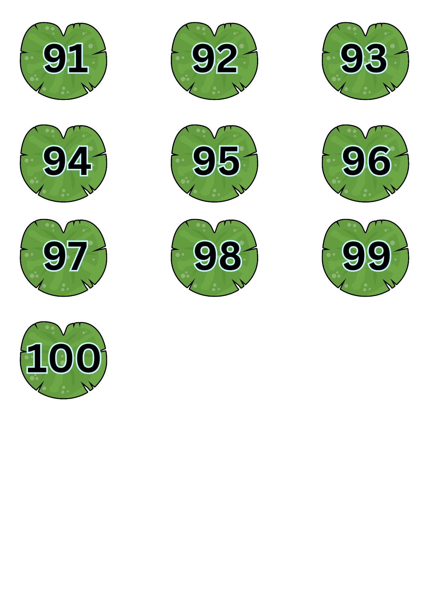 Preschool number learning printable featuring lily pad number cards 91-100, ideal for interactive number sequencing and early math skill-building activities.