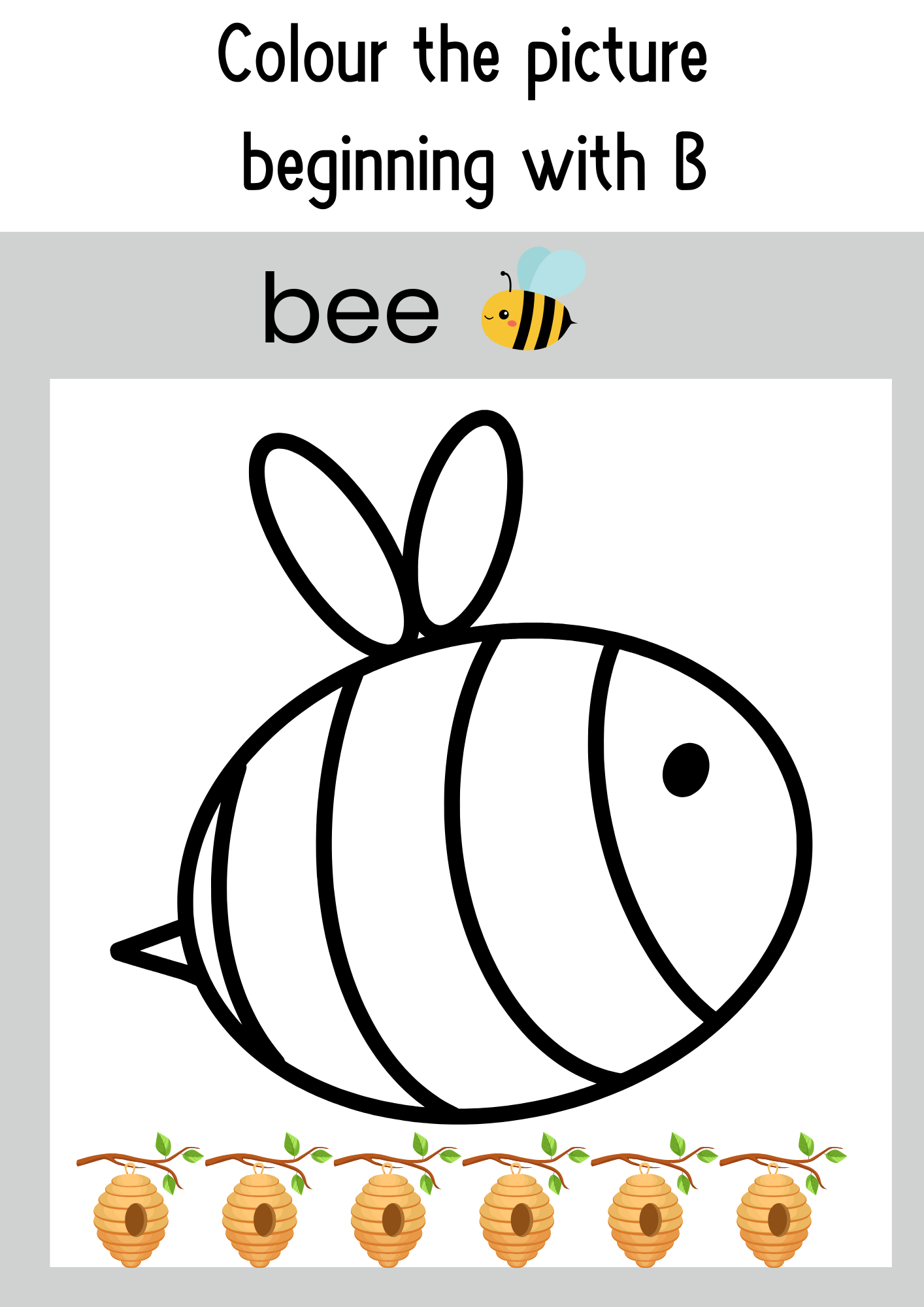 Bee-themed colouring worksheet for preschoolers to reinforce the letter B sound. Includes a simple bee illustration with honeycomb graphics, promoting phonics awareness and early literacy skills.