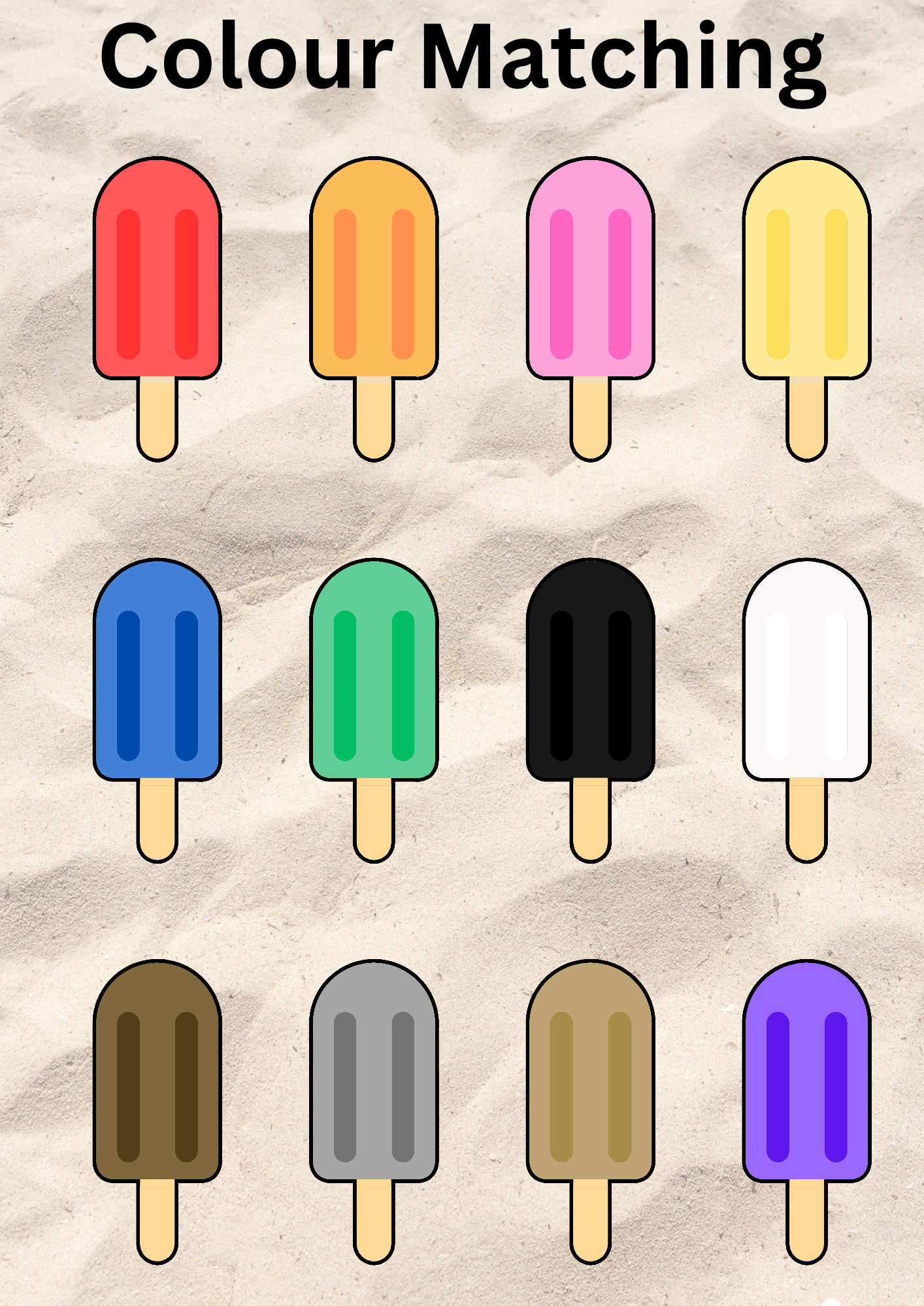 A "Colour Matching" activity featuring twelve illustrated ice lollies in various colours, including red, orange, pink, yellow, blue, green, black, white, brown, grey, gold, and purple. The ice lollies are arranged in a grid against a sandy beach background, with the title "Colour Matching" displayed in bold black text at the top.