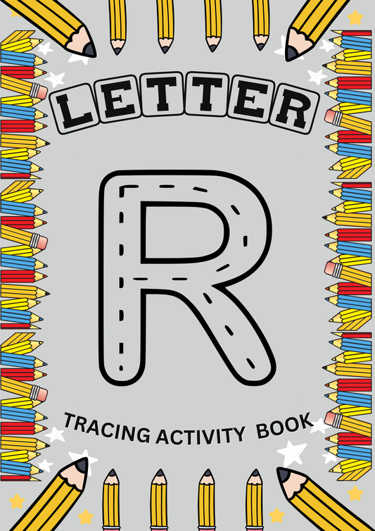 Fun letter R tracing activity book with EYFS alphabet worksheets to support early years handwriting and letter recognition