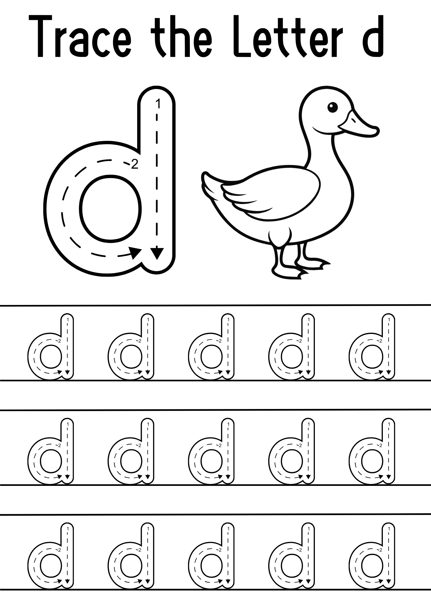 A tracing worksheet featuring a large lowercase "d" with directional arrows. Below, multiple "d" letters are lined up for tracing practice. A small duck illustration is next to the letter.