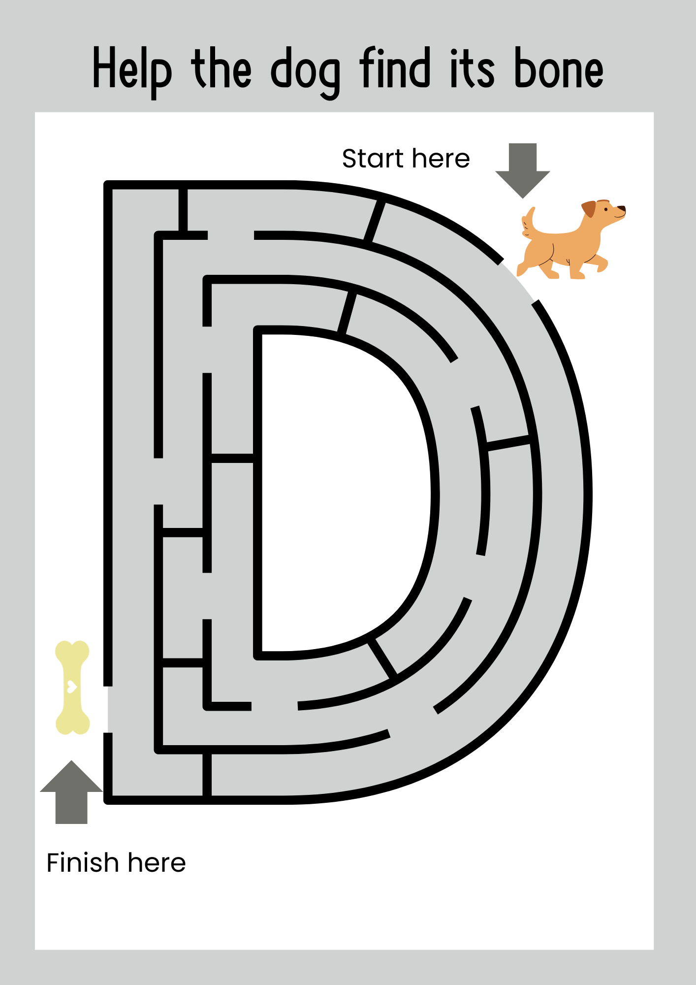 Maze – Help the Dog Find Its Bone: A letter "D"-shaped maze with a small cartoon dog at the start and a bone at the finish. The title reads, "Help the dog find its bone."