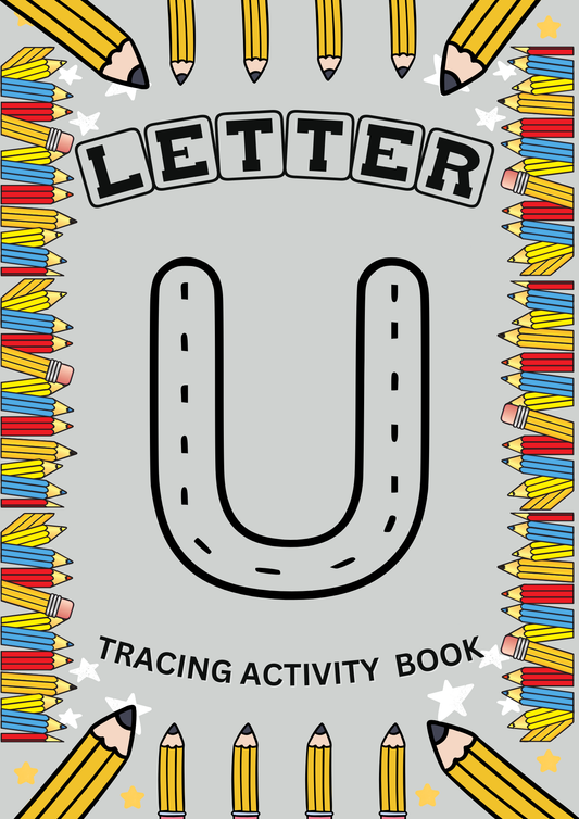 Fun letter U tracing activity book with EYFS alphabet worksheets to support early years handwriting and letter recognition