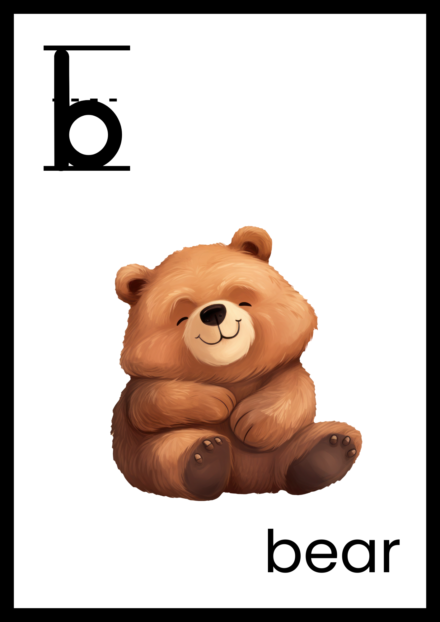 Lowercase letter 'b' watercolor alphabet flashcard with an adorable bear illustration. Educational printable for phonics and vocabulary development.